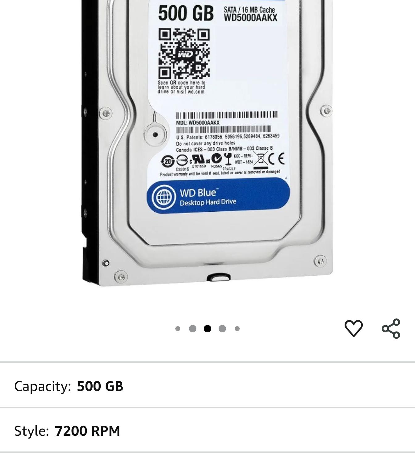 WD Blue 500GB Desktop Hard Disk Drive - 7200 RPM SATA 6 Gb/s 16MB Cache 3.5 Inch