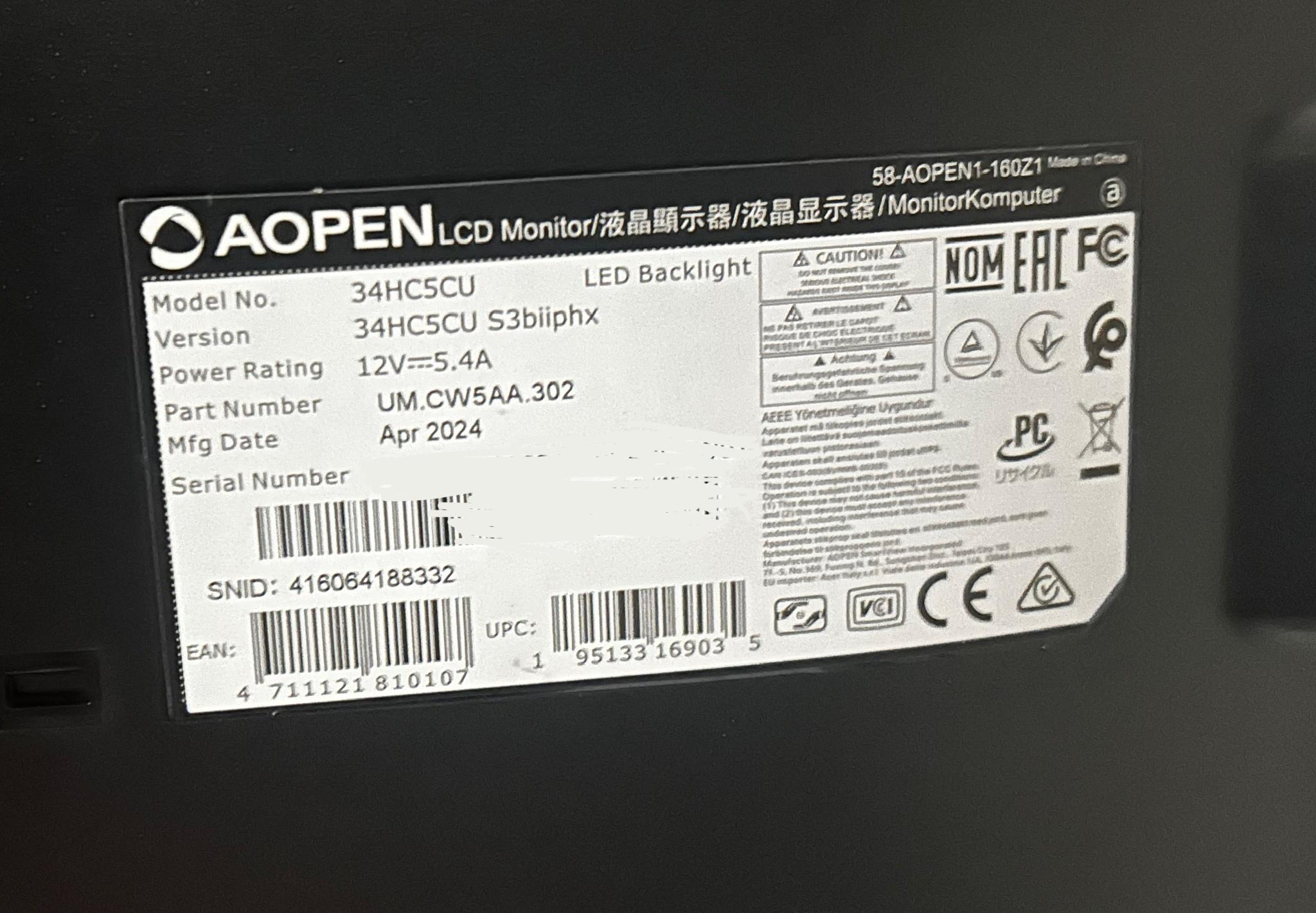 New AOpen  34" 2K WQHD (3440 x 1440) 180Hz Curved Gaming Monitor (34HC5CU)