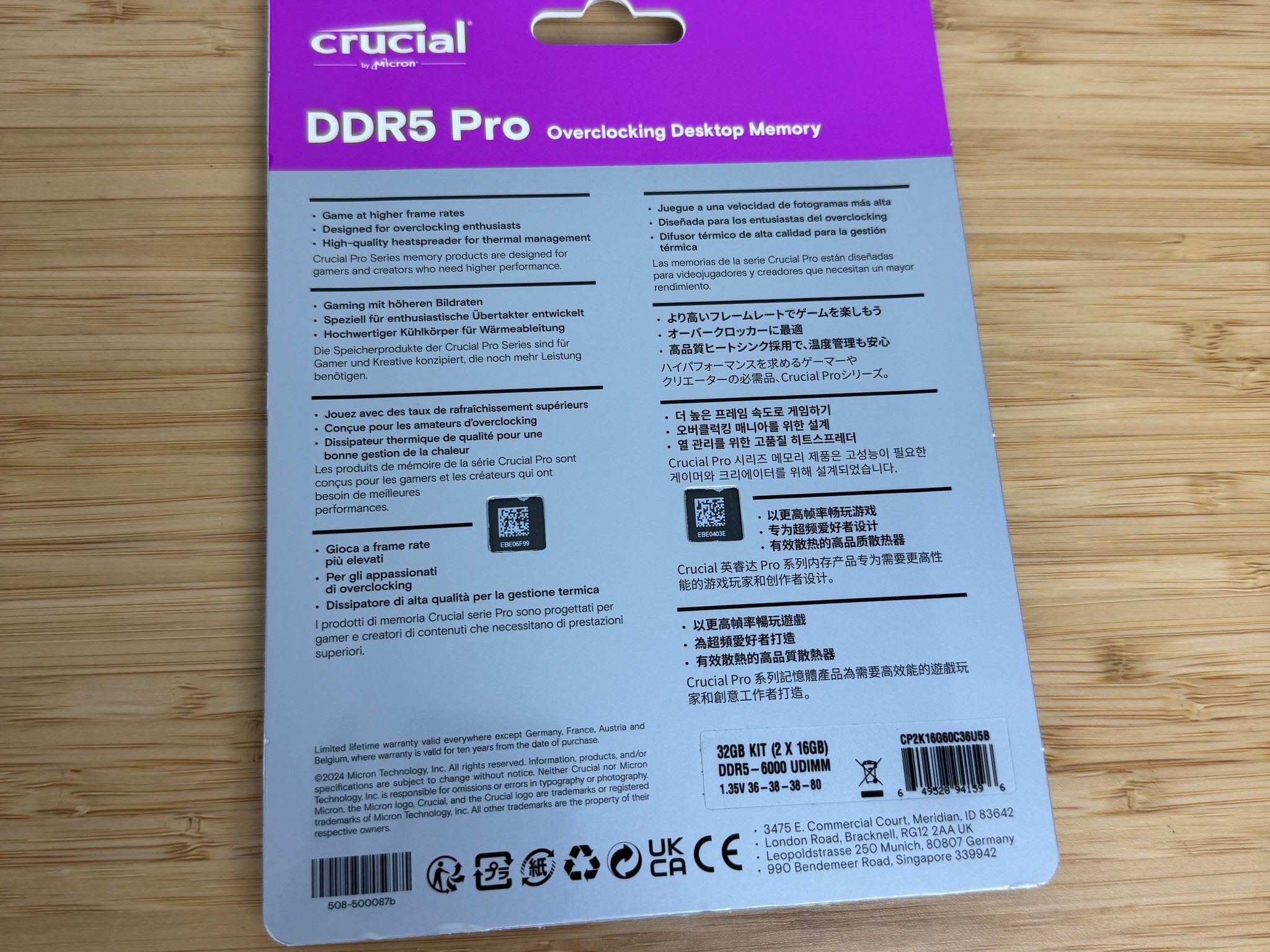 Crucial DDR5 Pro 32GB (2x16GB) 6000MHz UDIMM Desktop Memory Kit Overclocking RAM