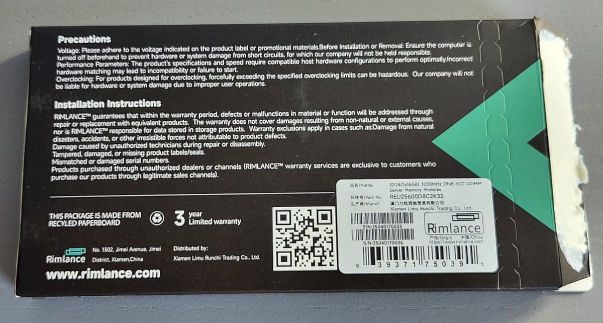 Rimlance 32GB (2x16GB) ECC DDR4 3200MT 1.2V Kit - compatible with Ryzen AM4 motherboards