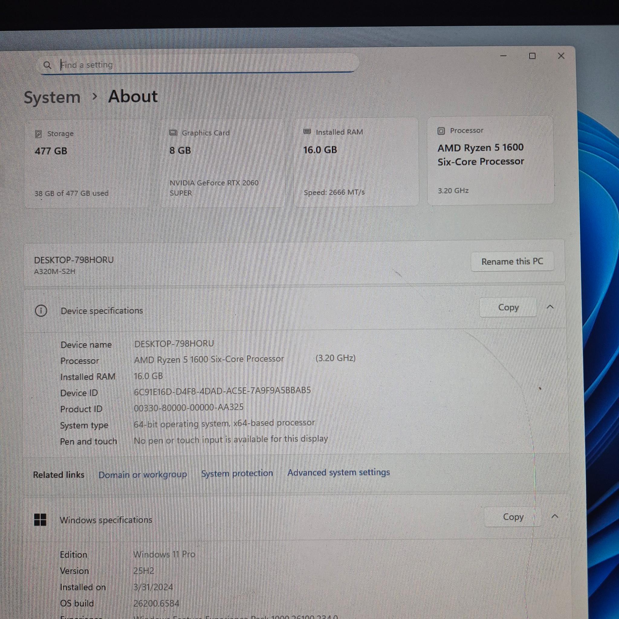Ryzen 5 1600AF, 16GB 3200MHz DDR4, RTX 2060 SUPER 8GB, 512GB SSD, Win11, RGB, Wifi