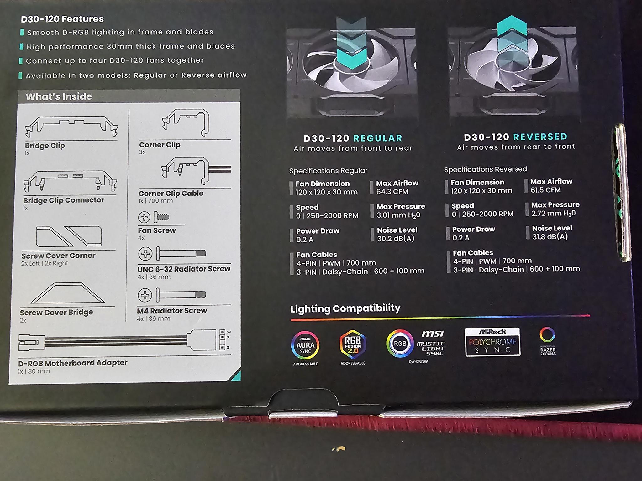 Phanteks D30-120 DRGB PWM Fan, Reverse Airflow Model, Premium Performance Fan, Black