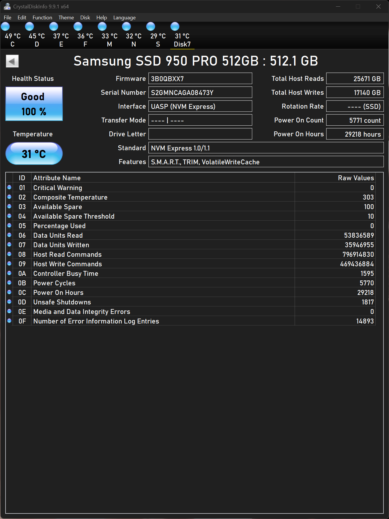 Samsung 950 PRO 512GB PCIE 3.0x4 M.2 2280 NVMe 1.1 SSD