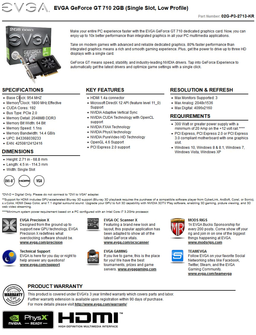 EVGA GeForce GT 710 2GB Low-Profile Graphics Card