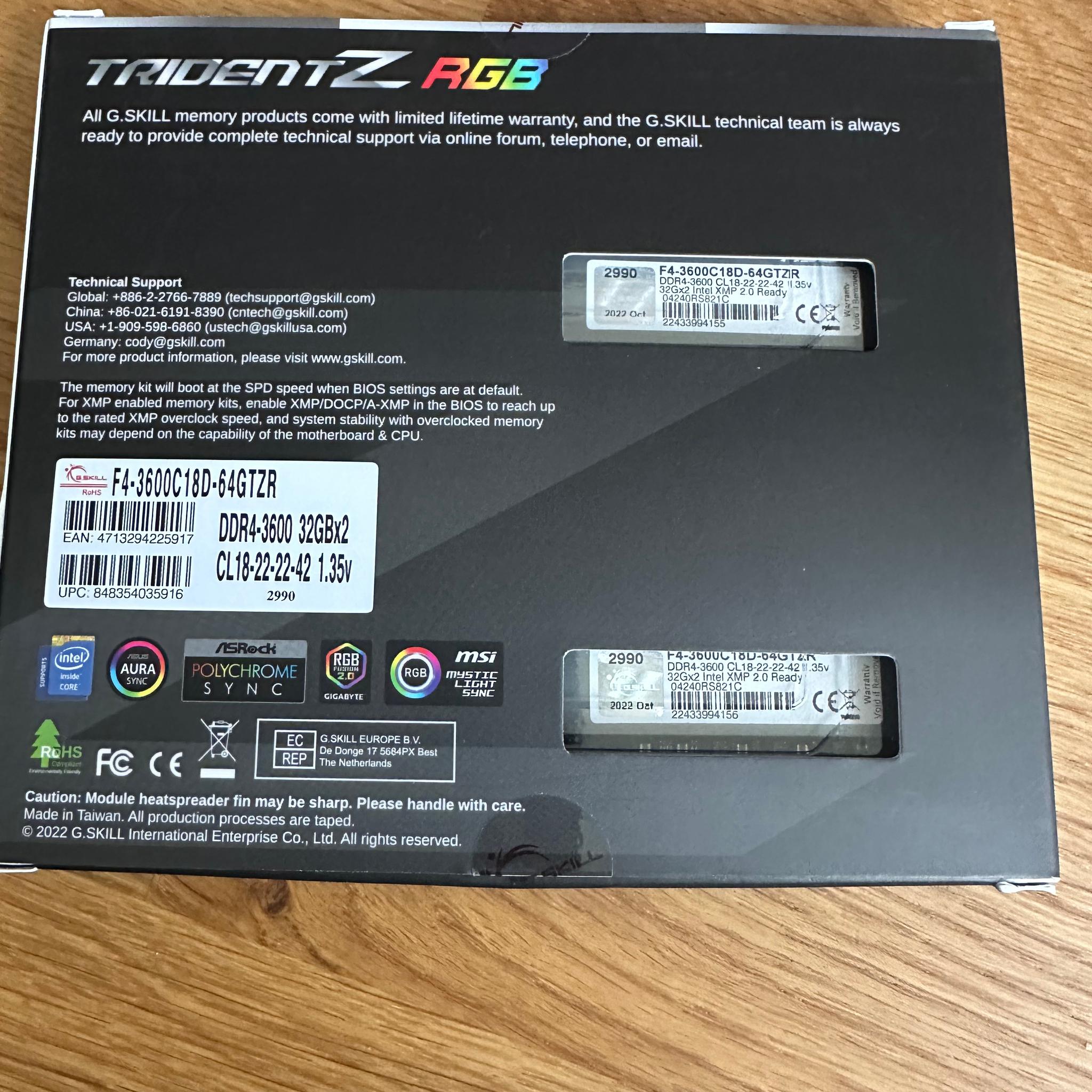 G.SKILL Trident Z RGB DDR4 (XMP) 64GB (2x32GB) 3600MT/s CL18-22-22-42 Intel AMD (F4-3600C18D-64GTZR)
