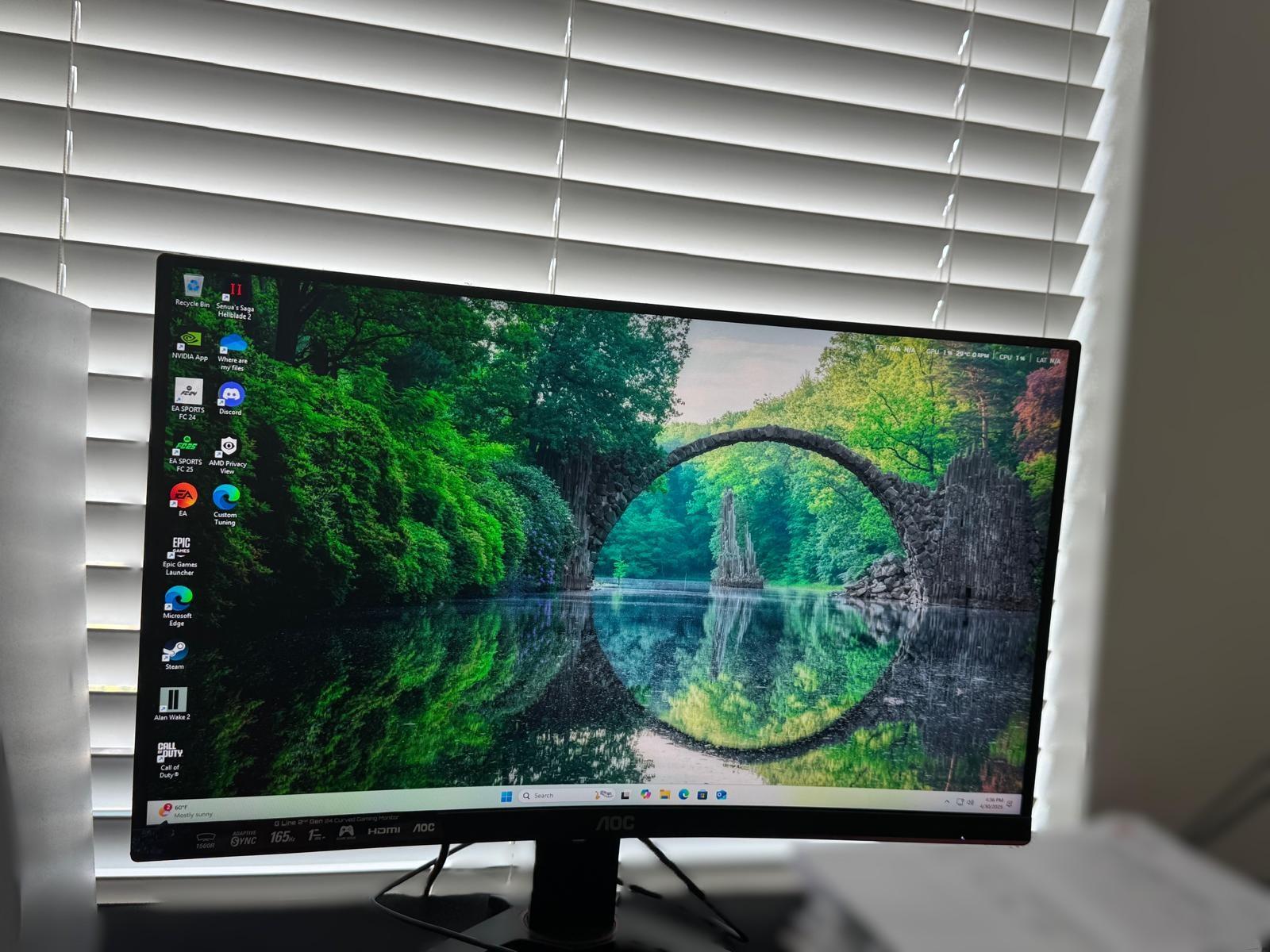 AOC C24G1A 24" Curved Frameless Gaming Monitor, FHD 1920x1080, 1500R, VA, 1ms MPRT, 165Hz, FreeSync