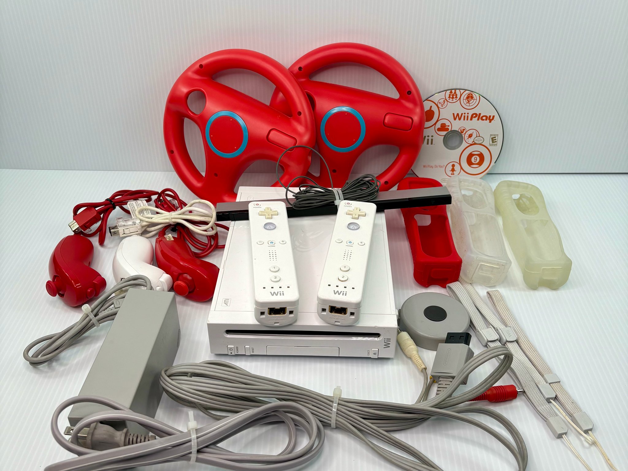 Nintendo Wii RVL-001 Console Bundle 2 Remotes 3 Nunchuks Wheels WiiPlay - Tested