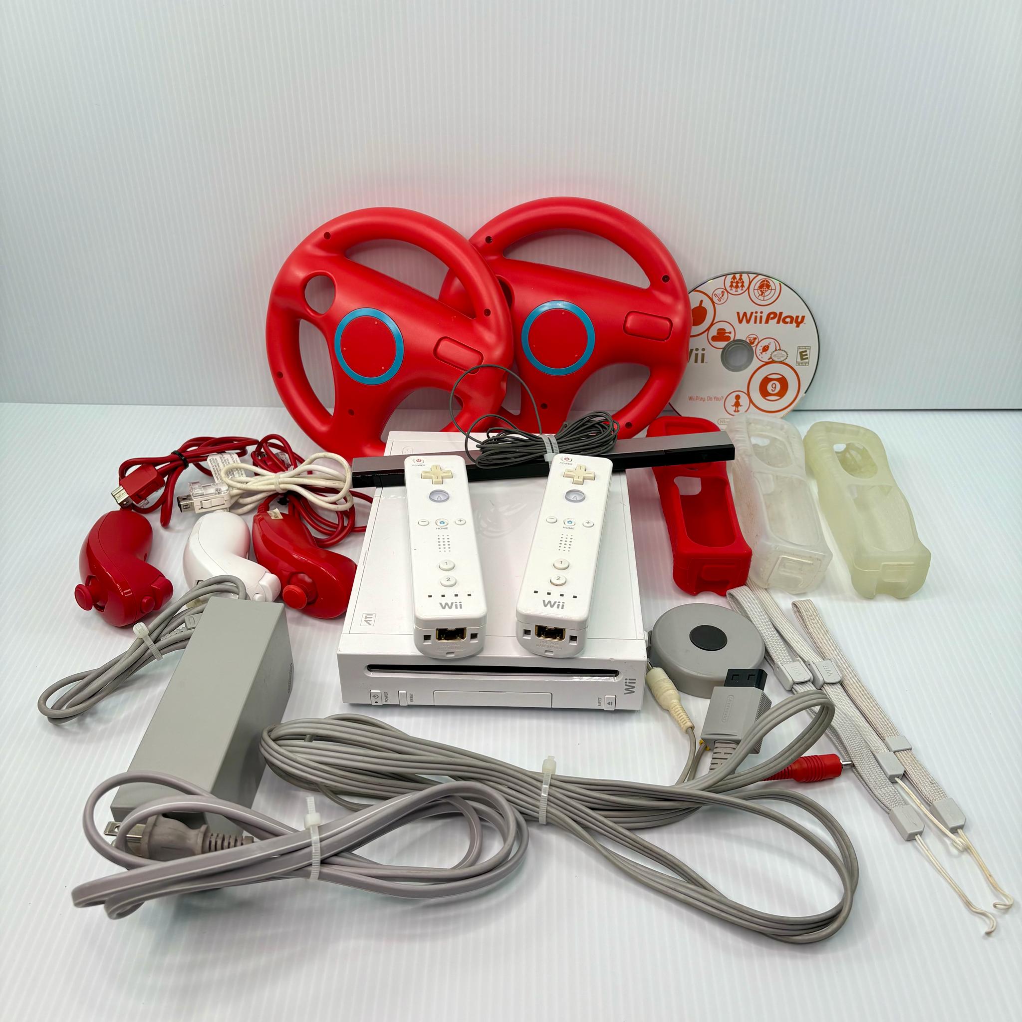 Nintendo Wii RVL-001 Console Bundle 2 Remotes 3 Nunchuks Wheels WiiPlay - Tested