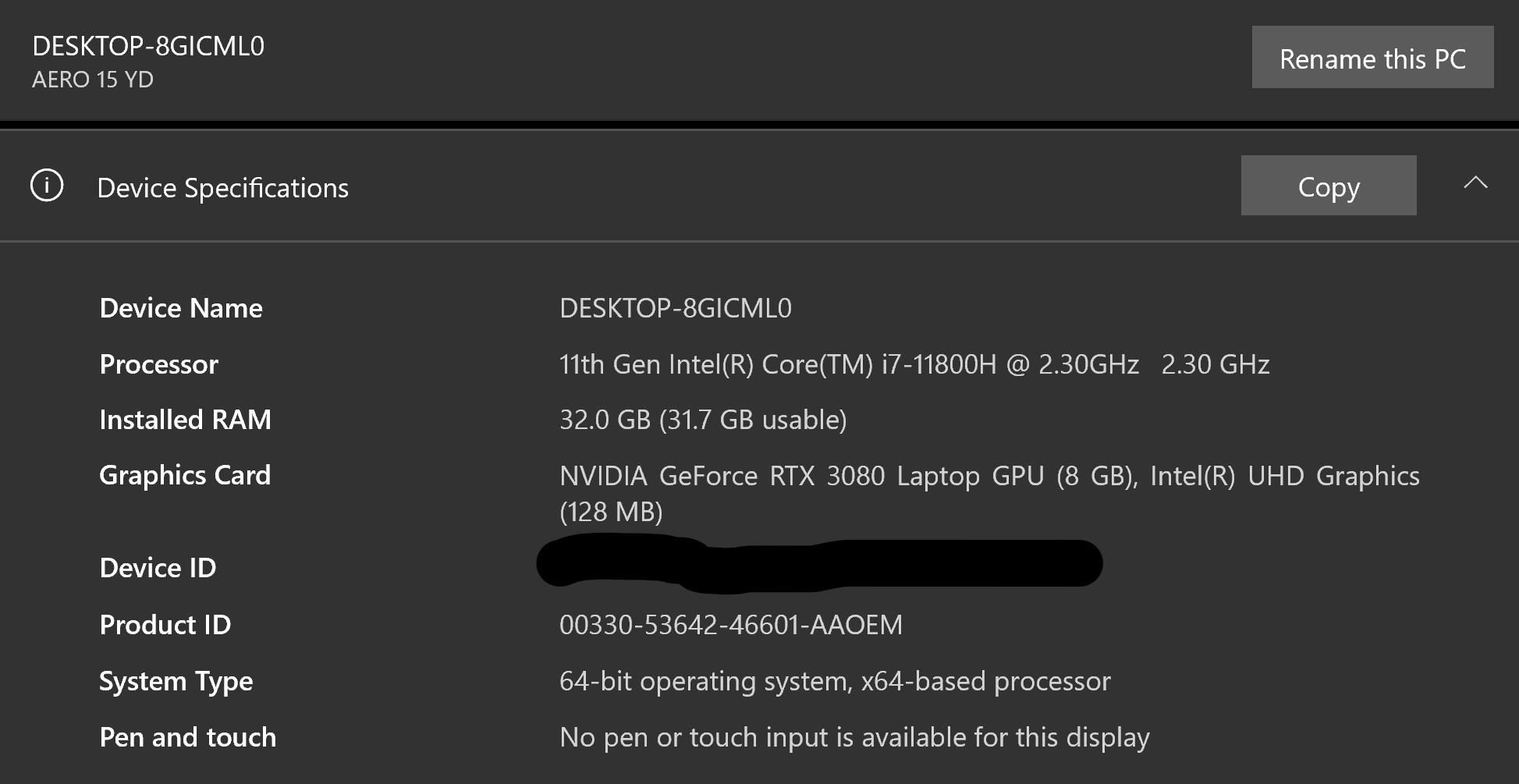 Gigabyte Aero 15, i7 11800h, RTX 3080, 32 GB Ram, 4k OLED