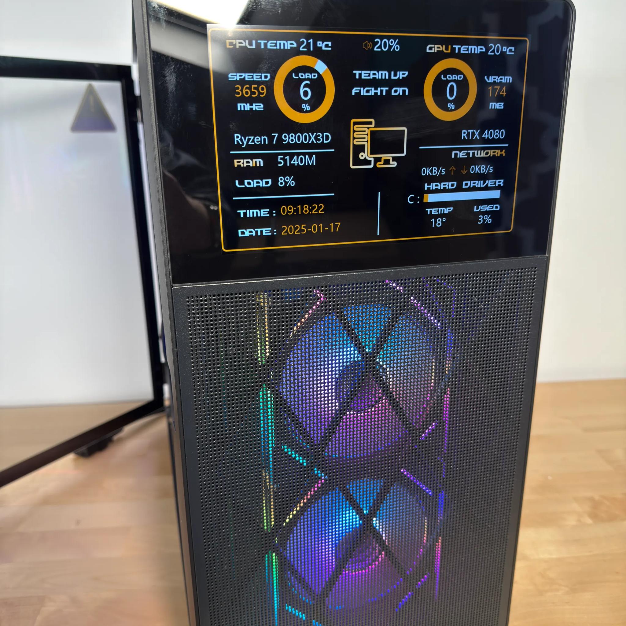 RTX 4080 Ryzen 9800X3D Gaming PC with Customizable Screen