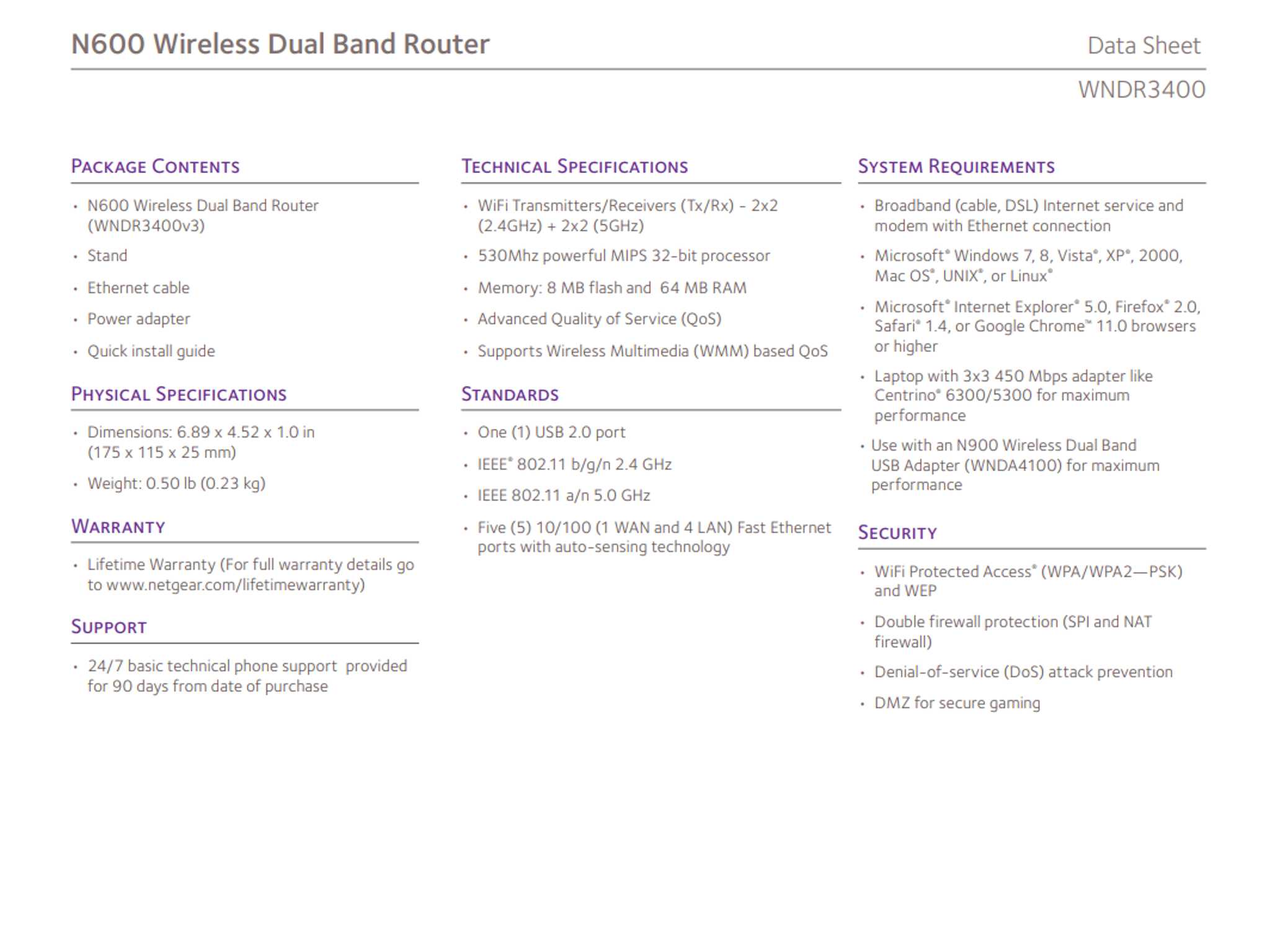 NETGEAR WNDR3400v2-100NAS N600 DUAL BAND WI-FI ROUTER