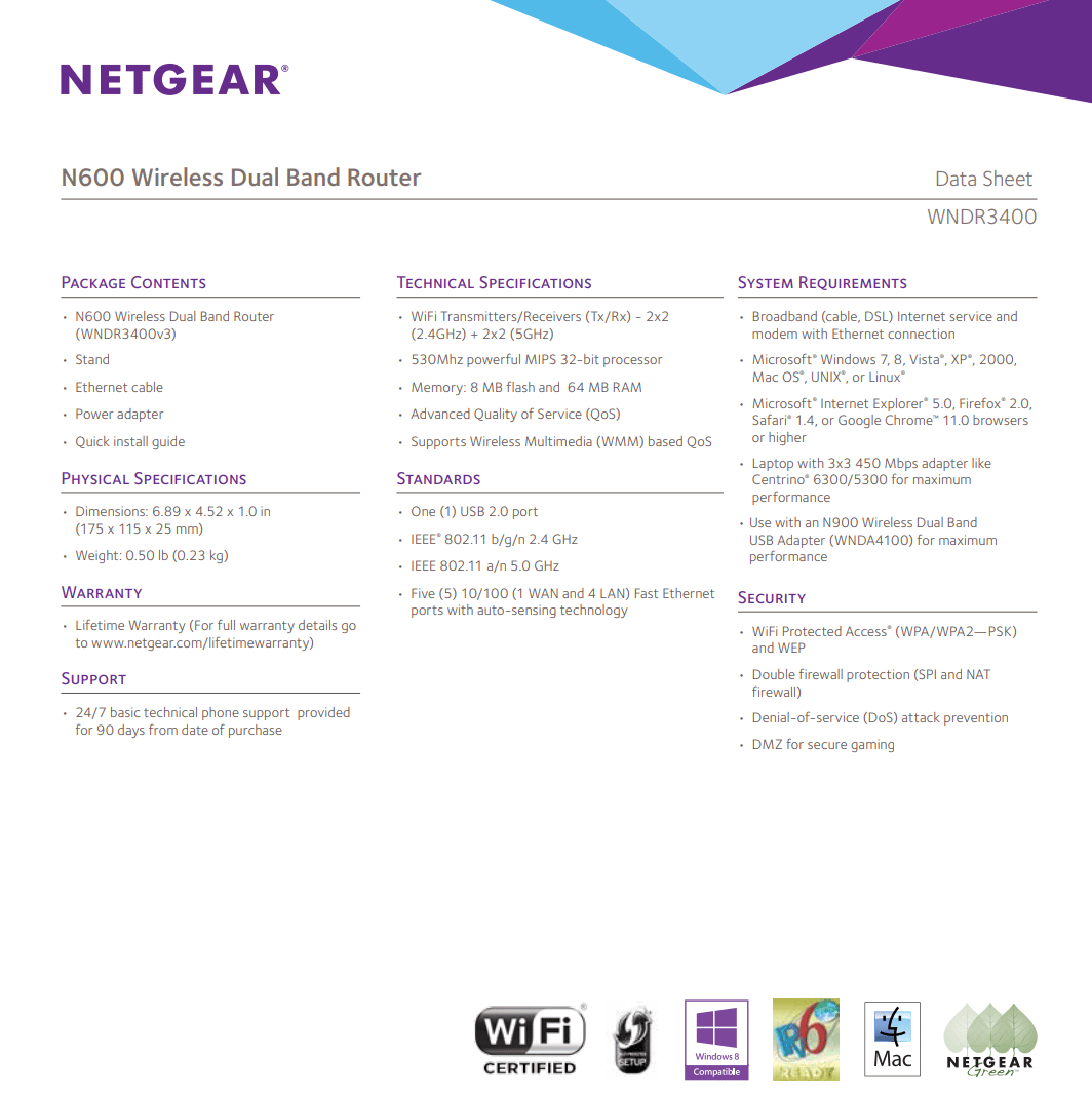 NETGEAR WNDR3400v2-100NAS N600 DUAL BAND WI-FI ROUTER