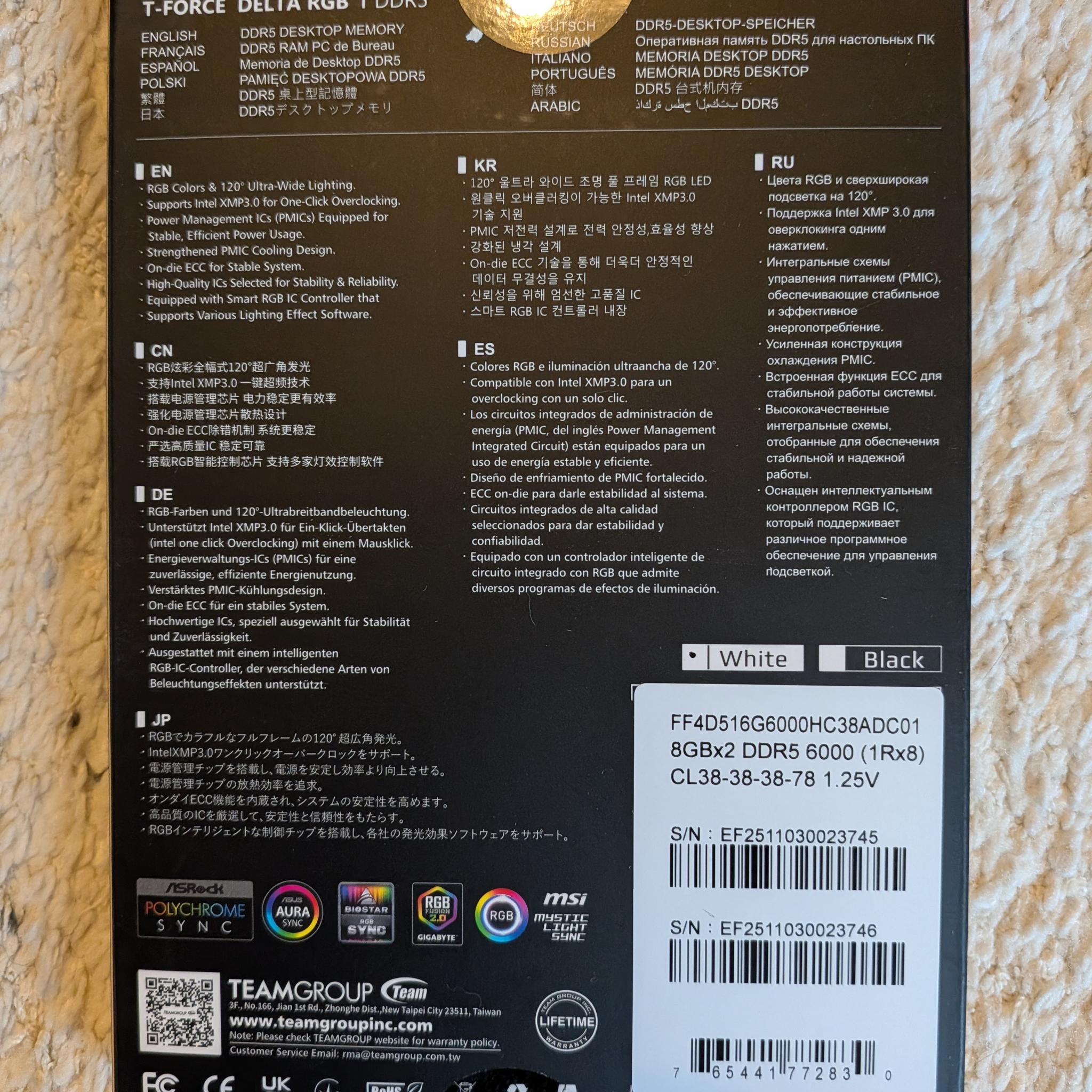 BNIB Team Group T-Force RGB 16GB (2 x 8GB) DDR5 Memory