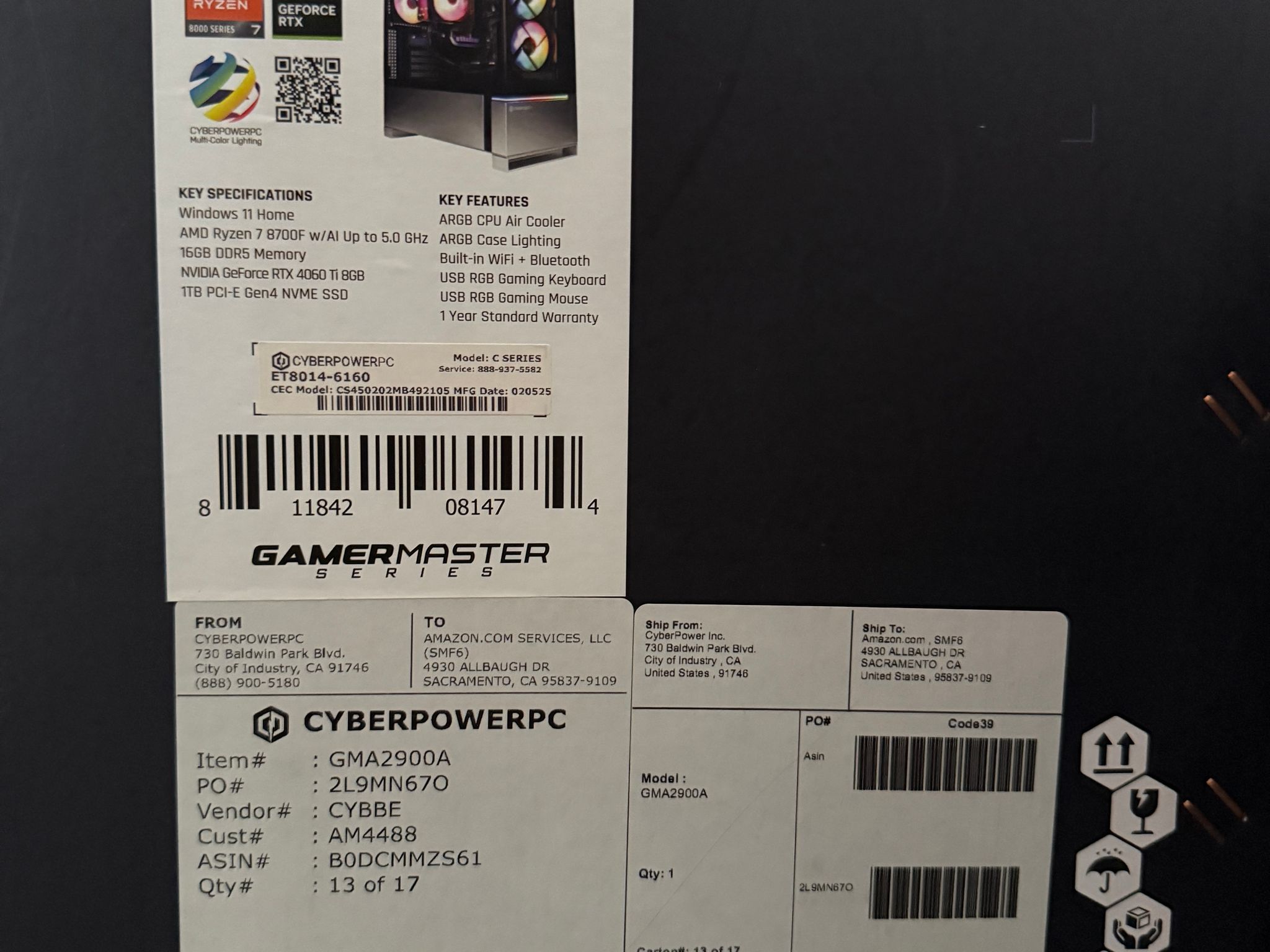 Cyberpower PC RTX 4060 Ti 8gb - Ryzen 7 8700F 4.1 GHz 16 gb DDR5 ram