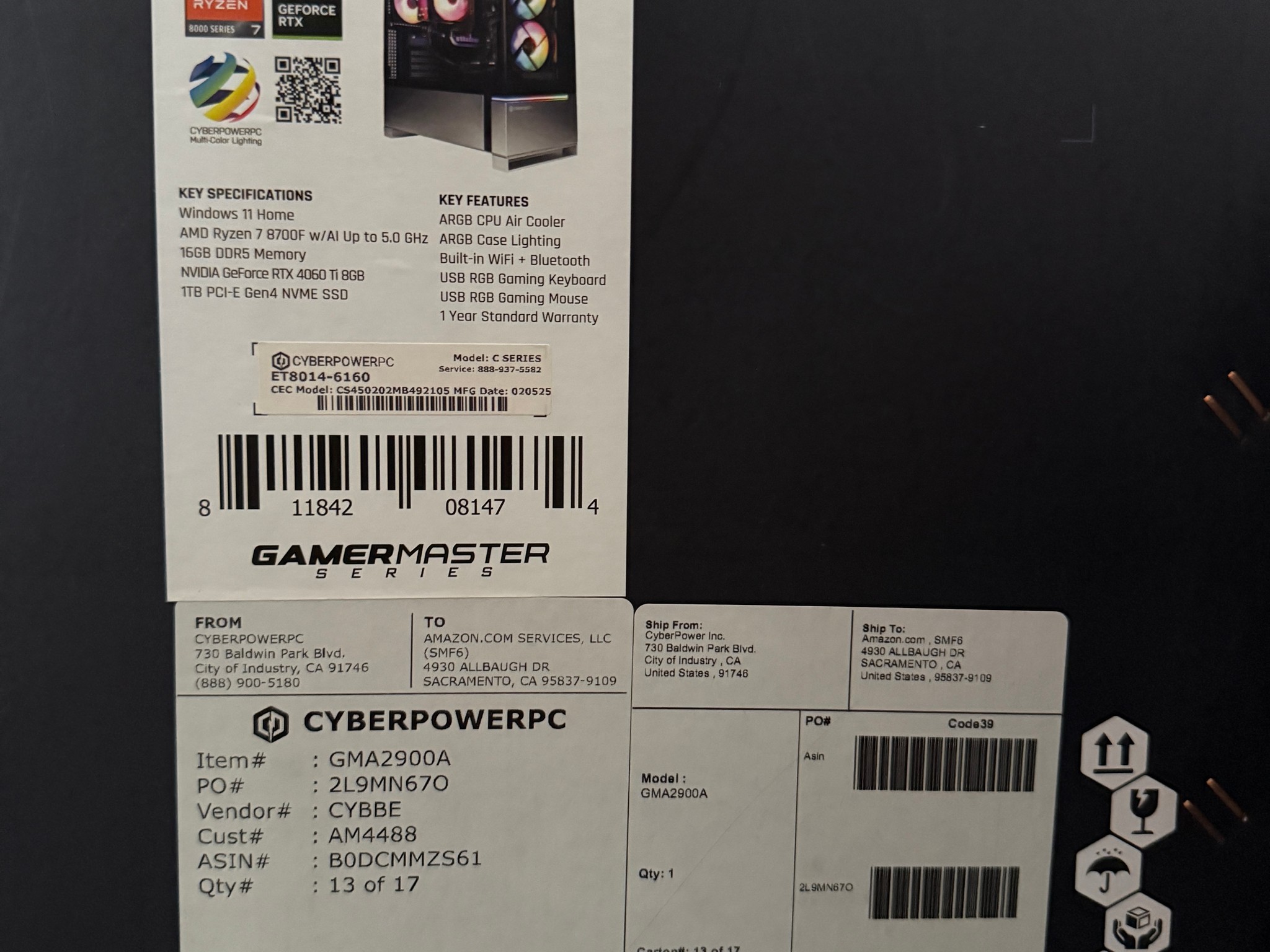 Cyberpower PC RTX 4060 Ti 8gb - Ryzen 7 8700F 4.1 GHz 16 gb DDR5 ram