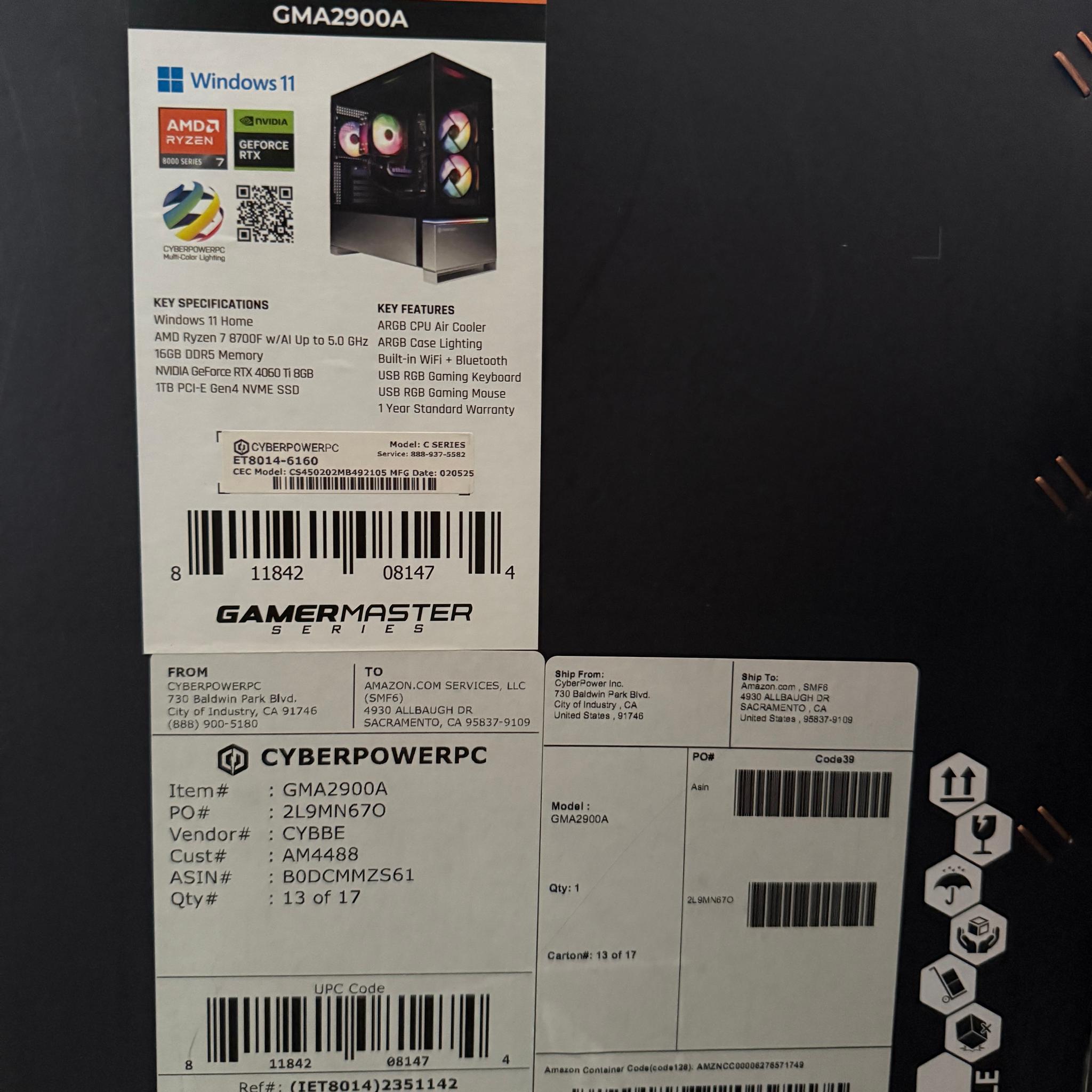 Cyberpower PC RTX 4060 Ti 8gb - Ryzen 7 8700F 4.1 GHz 16 gb DDR5 ram
