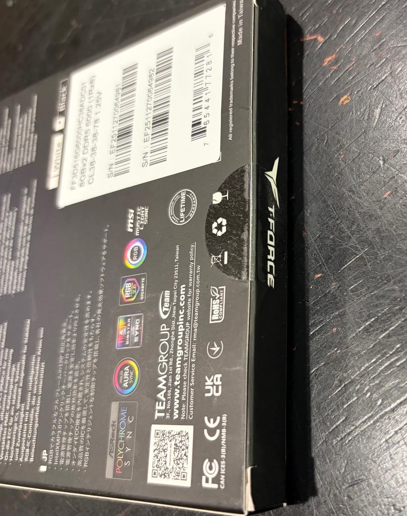 New/Sealed: 16GB (2 x 8GB) T-Force Delta RGB DDR5 6000mhz