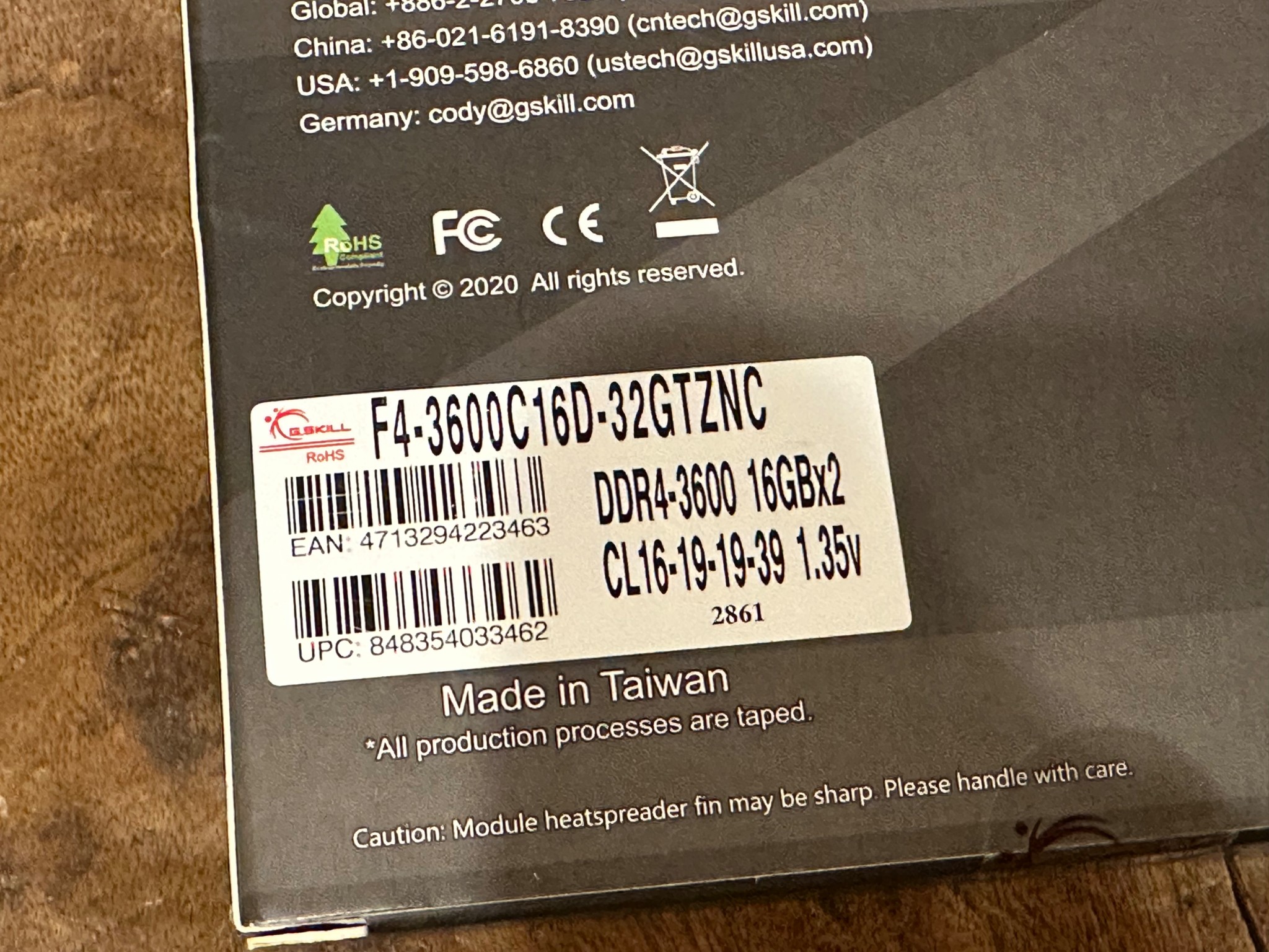 G.Skill 32GB (16GBx2) DDR4-3600, CL 16–19-19-39