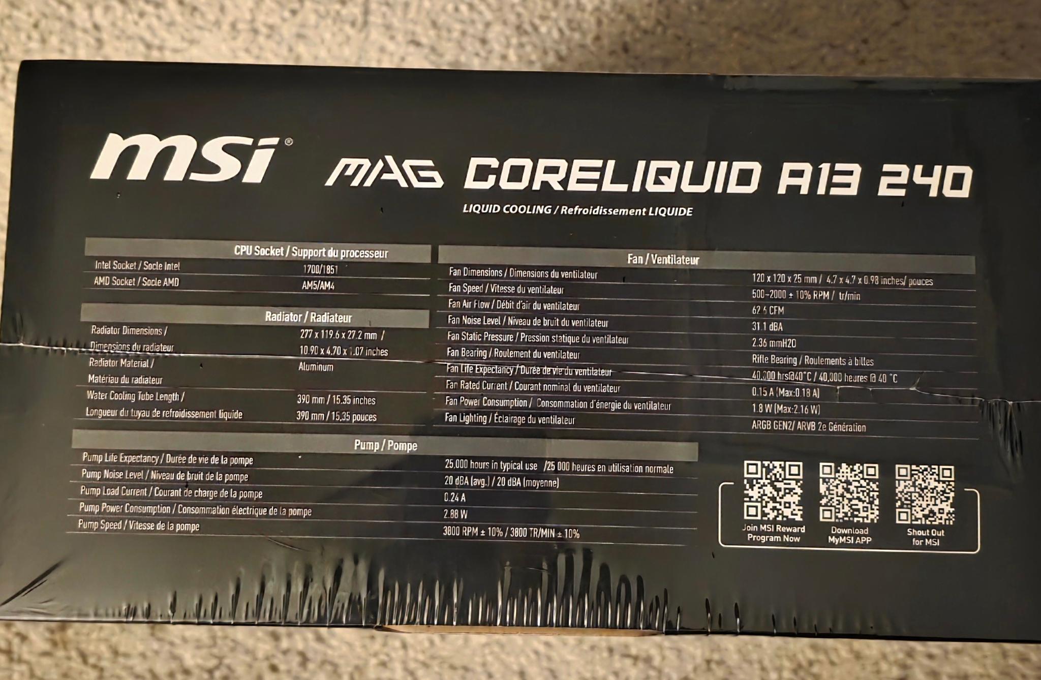 MSI MAG Coreliquid A13 240 Black ARGB AIO Cooler LGA 1700/1851/AM5/AM4 Sockets Brand New Sealed
