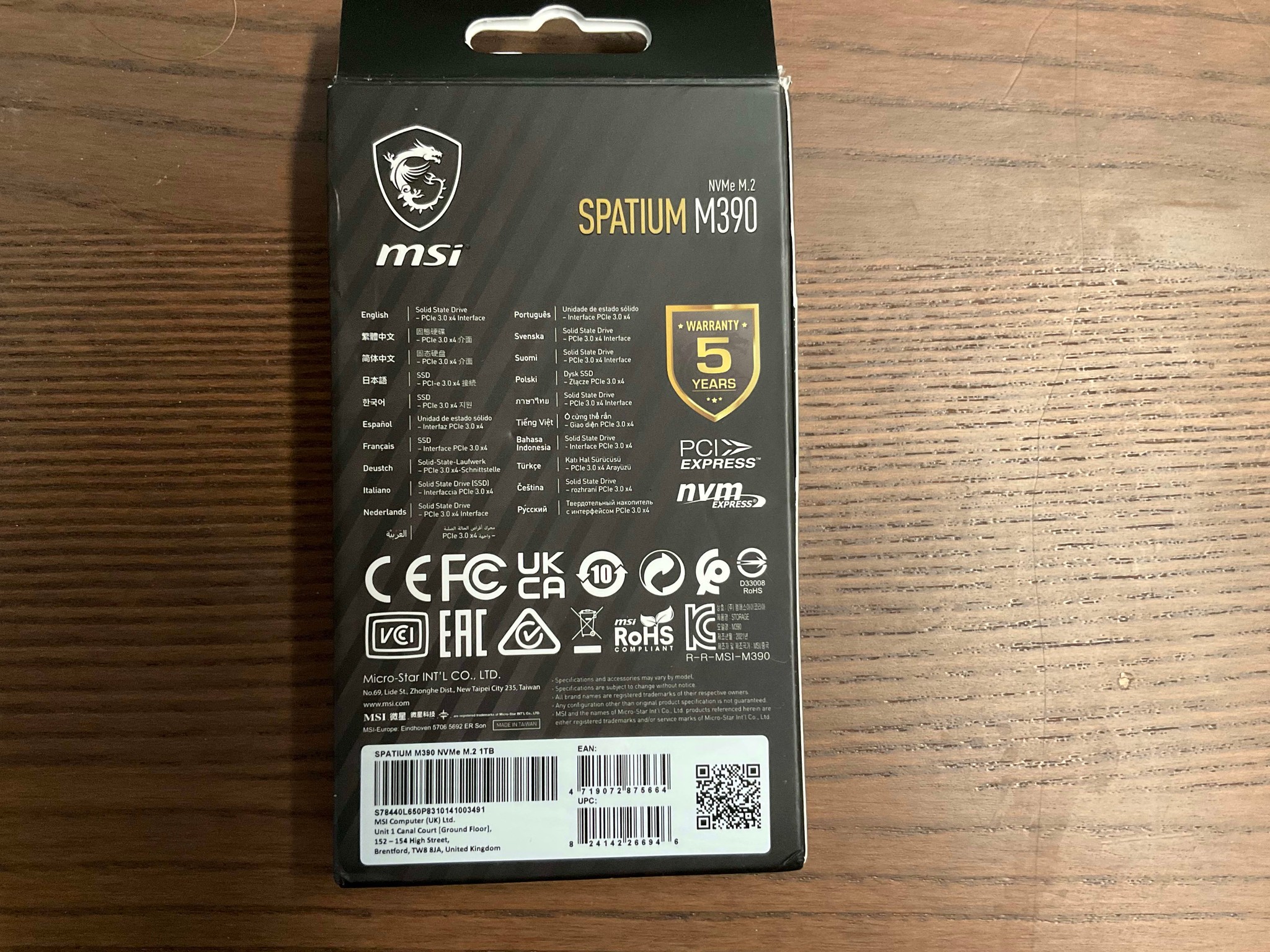 MSI Spatium M390 1TB PCIE 3.0 NVME SSD