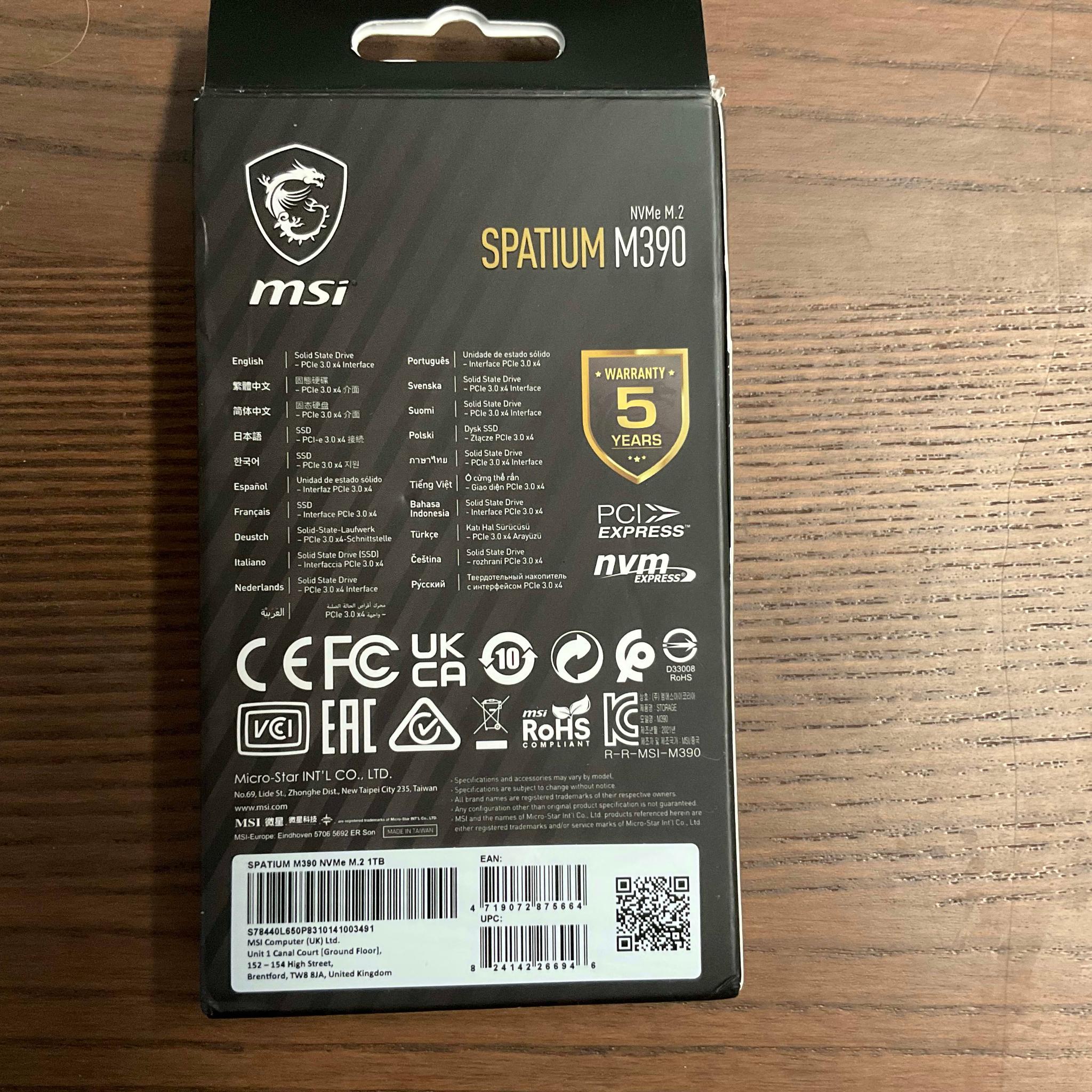 MSI Spatium M390 1TB PCIE 3.0 NVME SSD