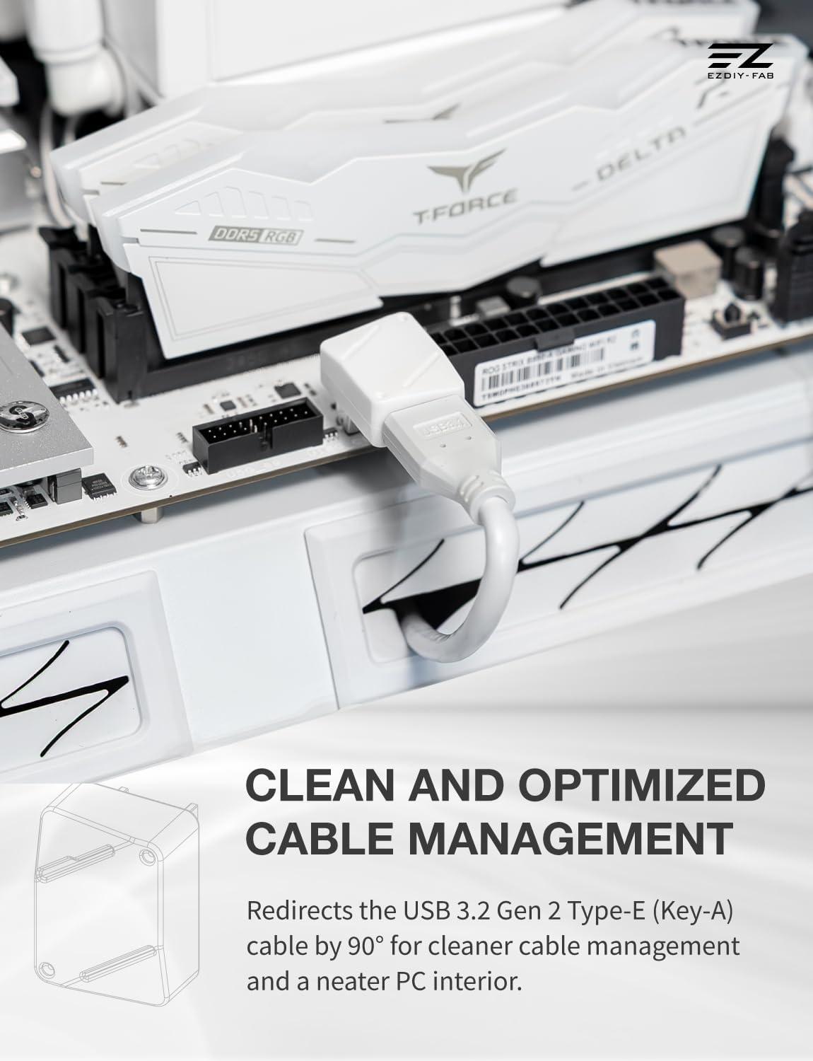 EZDIY-FAB USB 3.2 Gen 2 Type-E 90 Degree L-Shape Adapter White STD Motherboard USB-C Header
