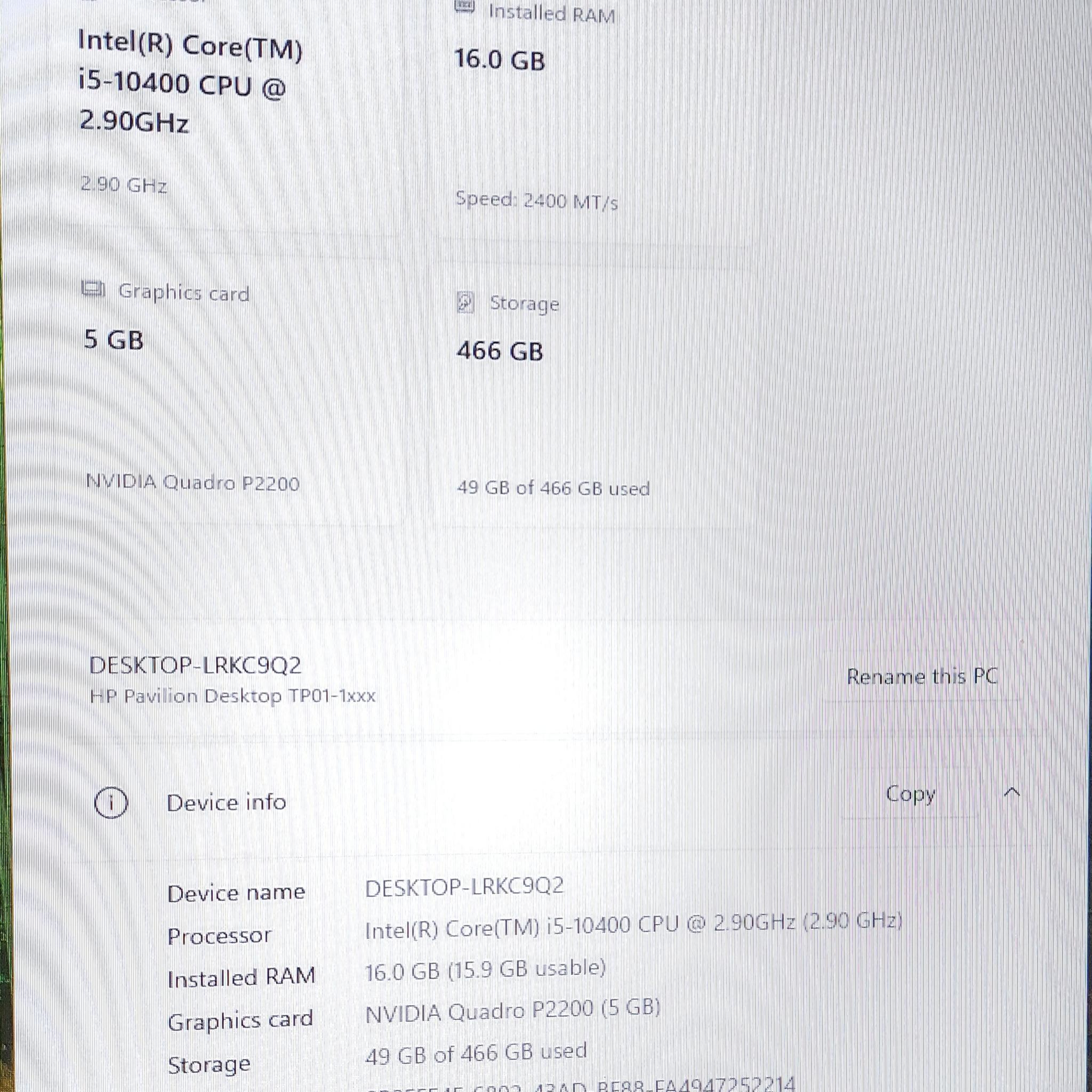 HP Pavilion Budget Gaming PC, i5-10400, Quadro P2200 5GB, 16GB DDR4, WIFI and BT, DVDRW, Windows 11