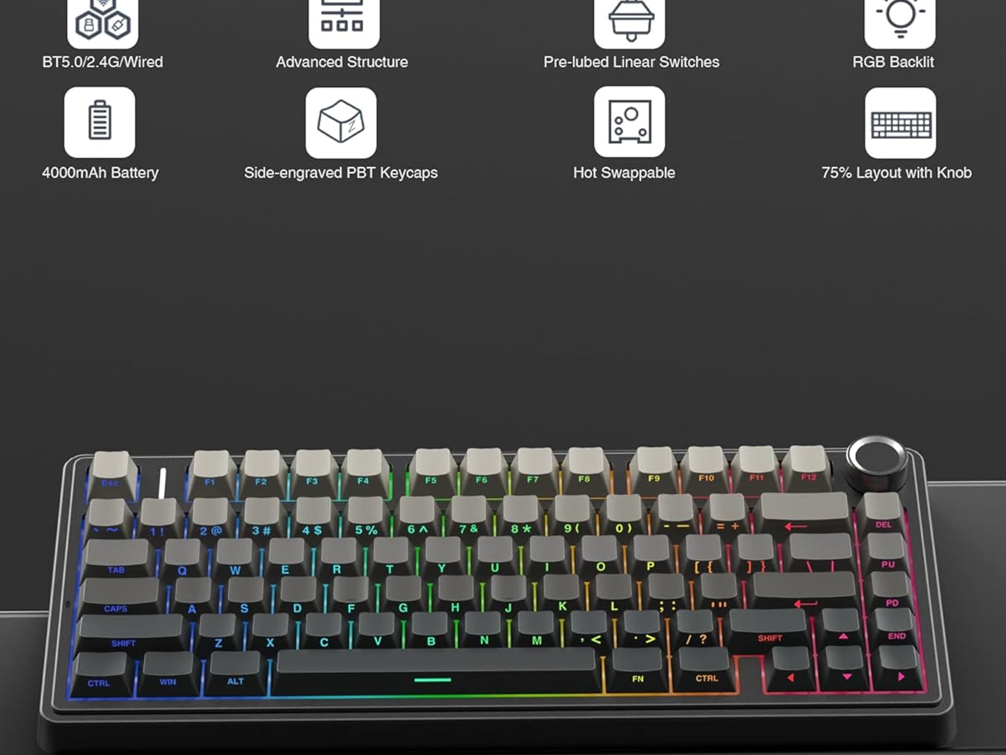 AULA F75 Pro Wireless Mechanical 75%, Pre-lubed Leobog Reaper Switches, with Knob, Hot Swappable