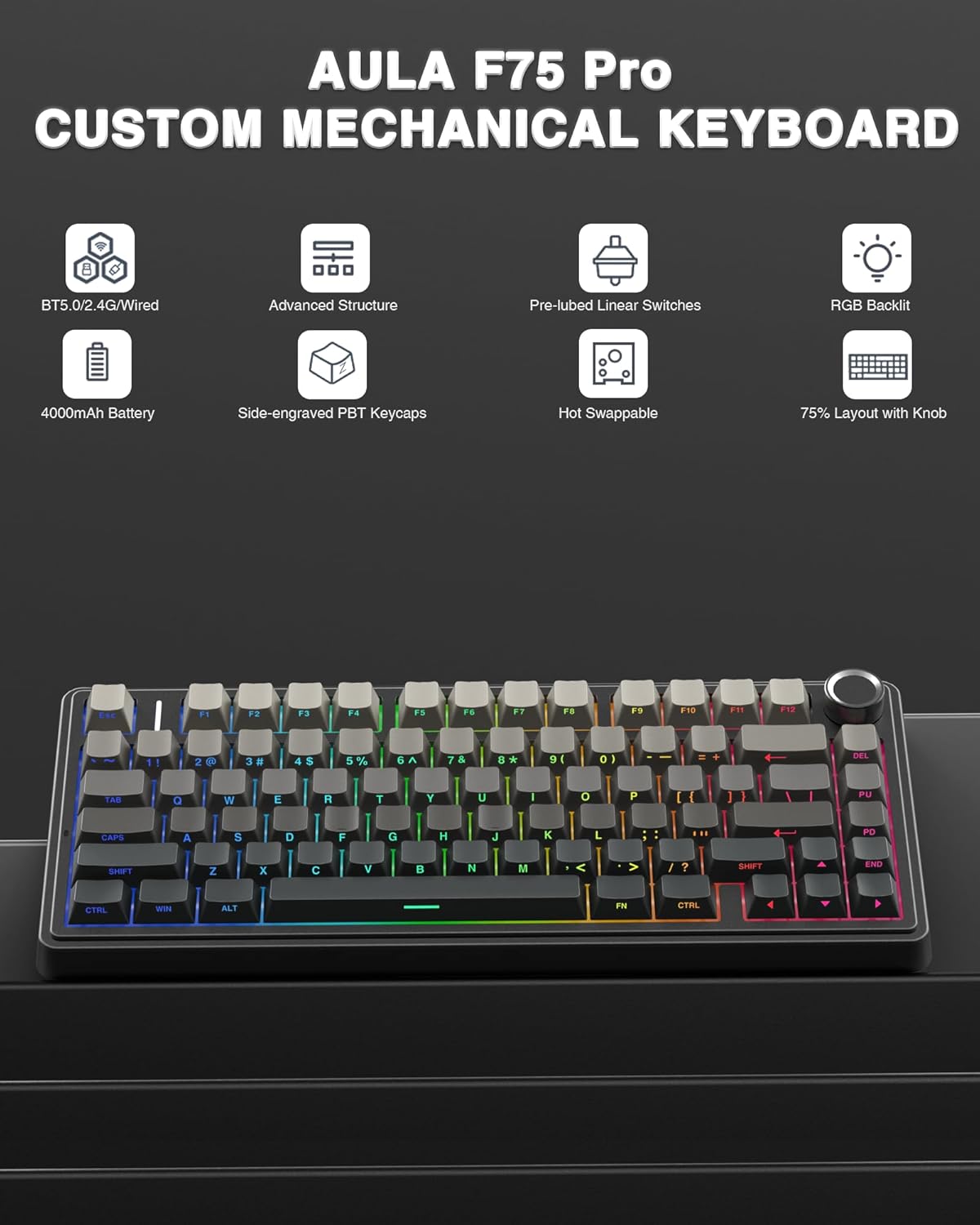 AULA F75 Pro Wireless Mechanical 75%, Pre-lubed Leobog Reaper Switches, with Knob, Hot Swappable