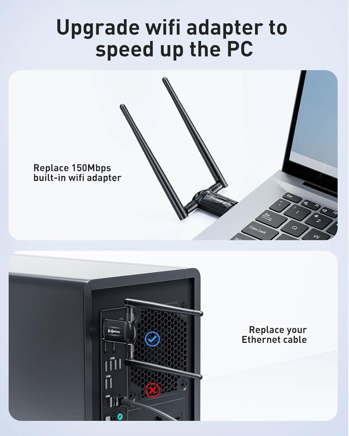 USB WiFi Adapter Desktop PC 1300Mbps Wi-Fi 5G 2.4G USB 3.0 Wireless Adapter with WiFi Antenna 2pk