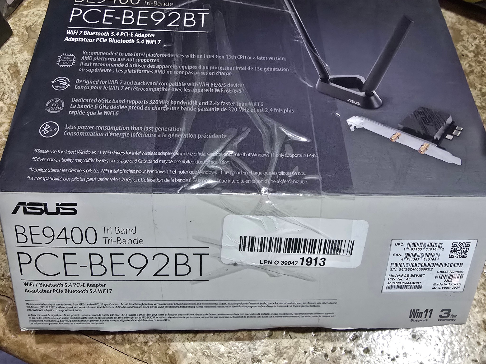 ASUS PCE-BE92BT WiFi 7 PCI-E Adapter 6GHz 320MHz Bluetooth 5.4 WPA3 Network Security OFDMA MU-MIMO