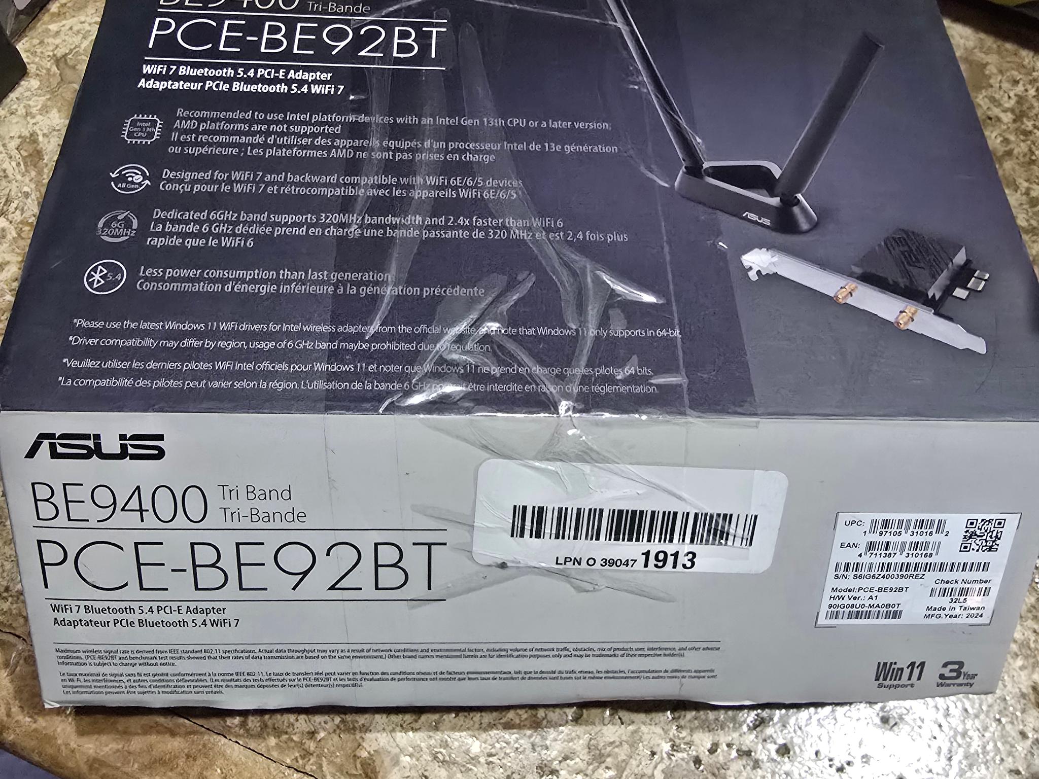 ASUS PCE-BE92BT WiFi 7 PCI-E Adapter 6GHz 320MHz Bluetooth 5.4 WPA3 Network Security OFDMA MU-MIMO