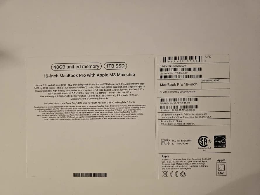 MacBook Pro M3 Max, 16‑core CPU, 40‑core GPU, 16.2' Display, 48GB RAM, 1TB SSD; Silver