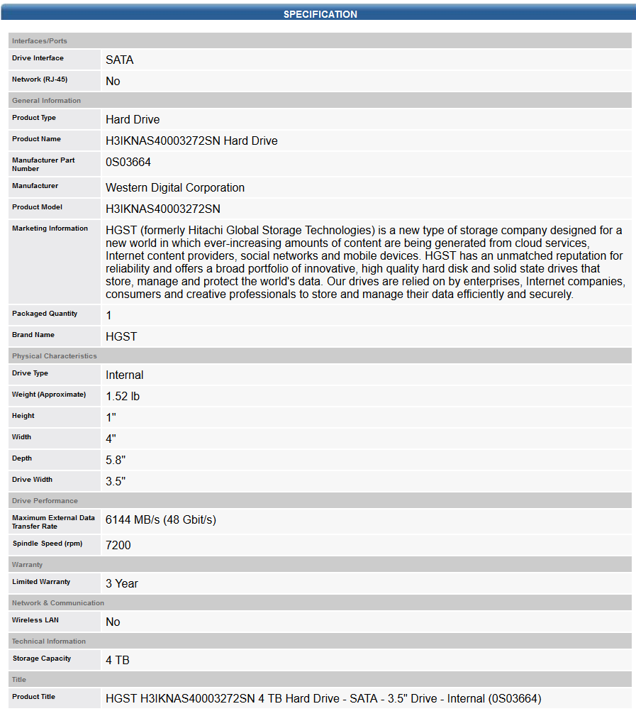 NEW HGST Deskstar 4TB NAS 3.5 in. Internal Hard Drive (Retail Kit - Model H3IKNAS4000327SN)