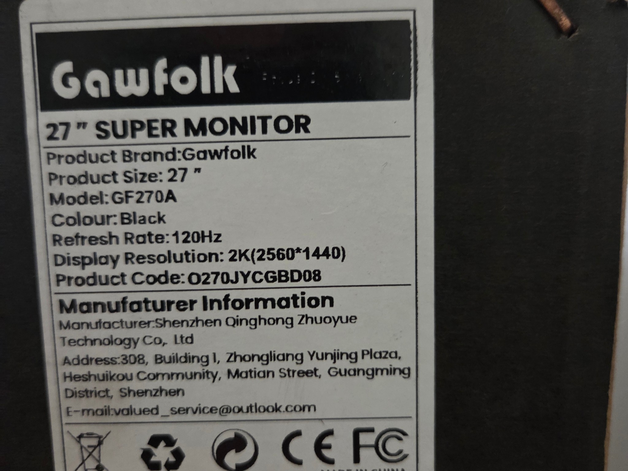 Gawfolk GF270A 2K 2560x1440 120hz "Open Box"