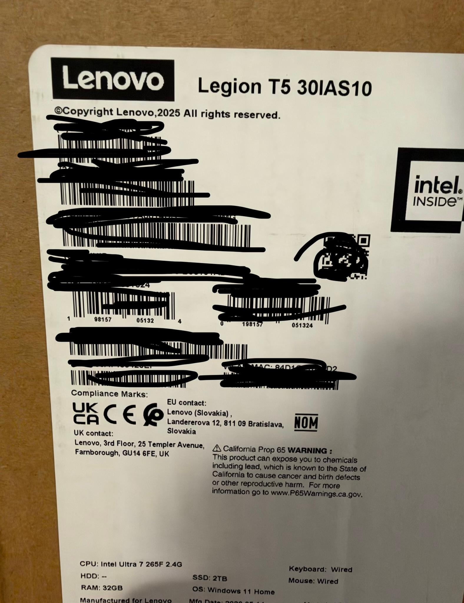 Lenovo Legion 5i Tower, 32 GB RAM, 2TB SSD, GeForce RTX 5070 Custom Gaming PC - Core Ultra 7 265KF