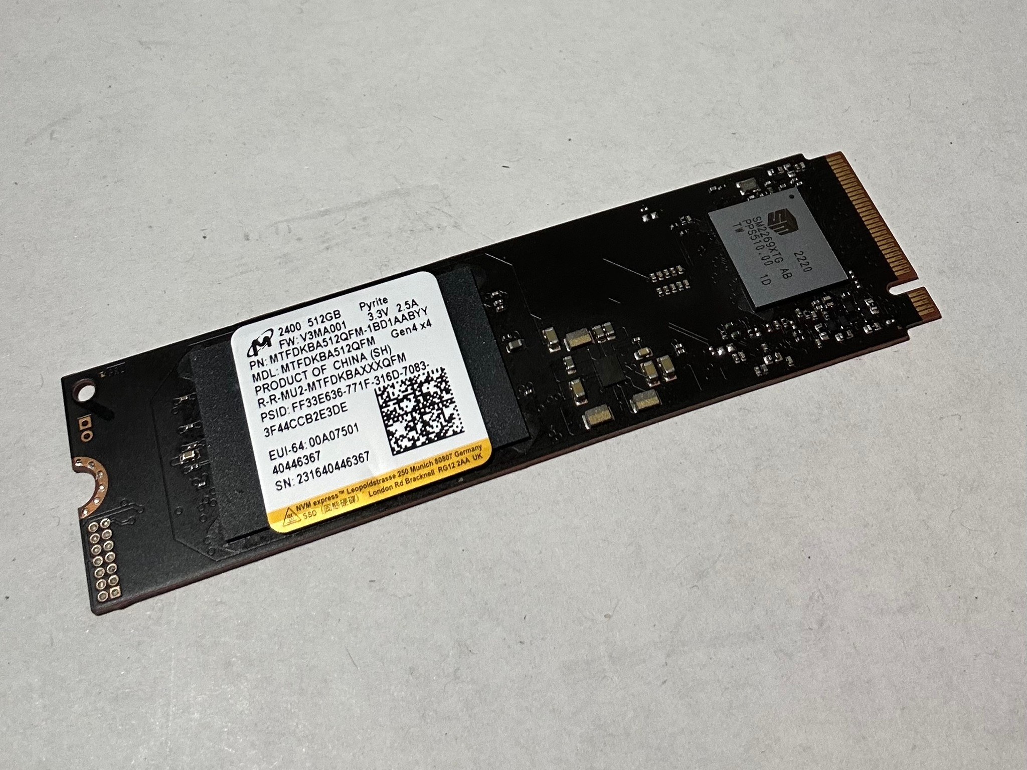 Micron 2400 Pyrite 512GB M.2 NVMe SSD – PCIe Gen4 x4