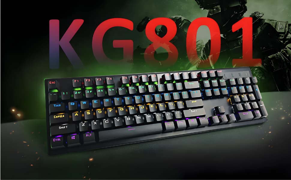 K801 Mechanical Gaming Keyboard – RGB Backlit, Blue Switches, Anti-Ghosting, Full-Size 104 Keys