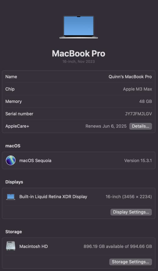MacBook Pro M3 Max, 16‑core CPU, 40‑core GPU, 16.2' Display, 48GB RAM, 1TB SSD; Silver