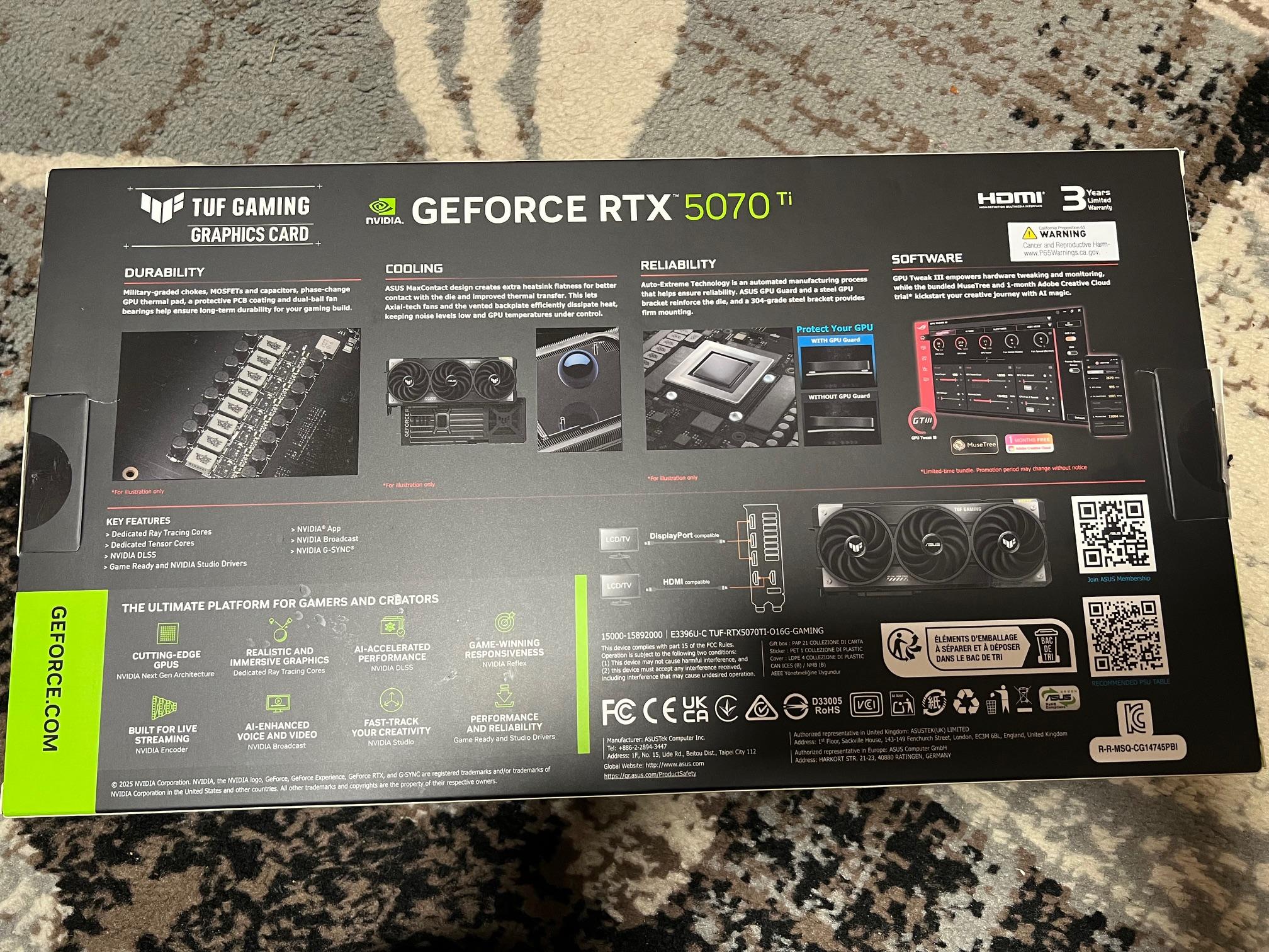 ASUS NVIDIA GeForce RTX 5070 Ti TUF Gaming Overclocked Triple Fan 16GB GDDR7 PCIe 5.0 Graphics Card