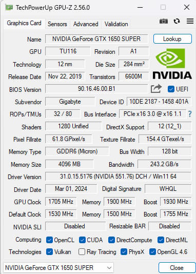 Gigabyte GTX 1650 SUPER 4GB
