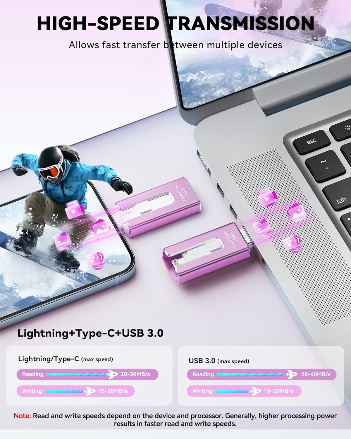 MFi Certified 256GB Flash Drive USB Memory Stick Thumb Drive USB Stick iPhone iPad Android PC Purple