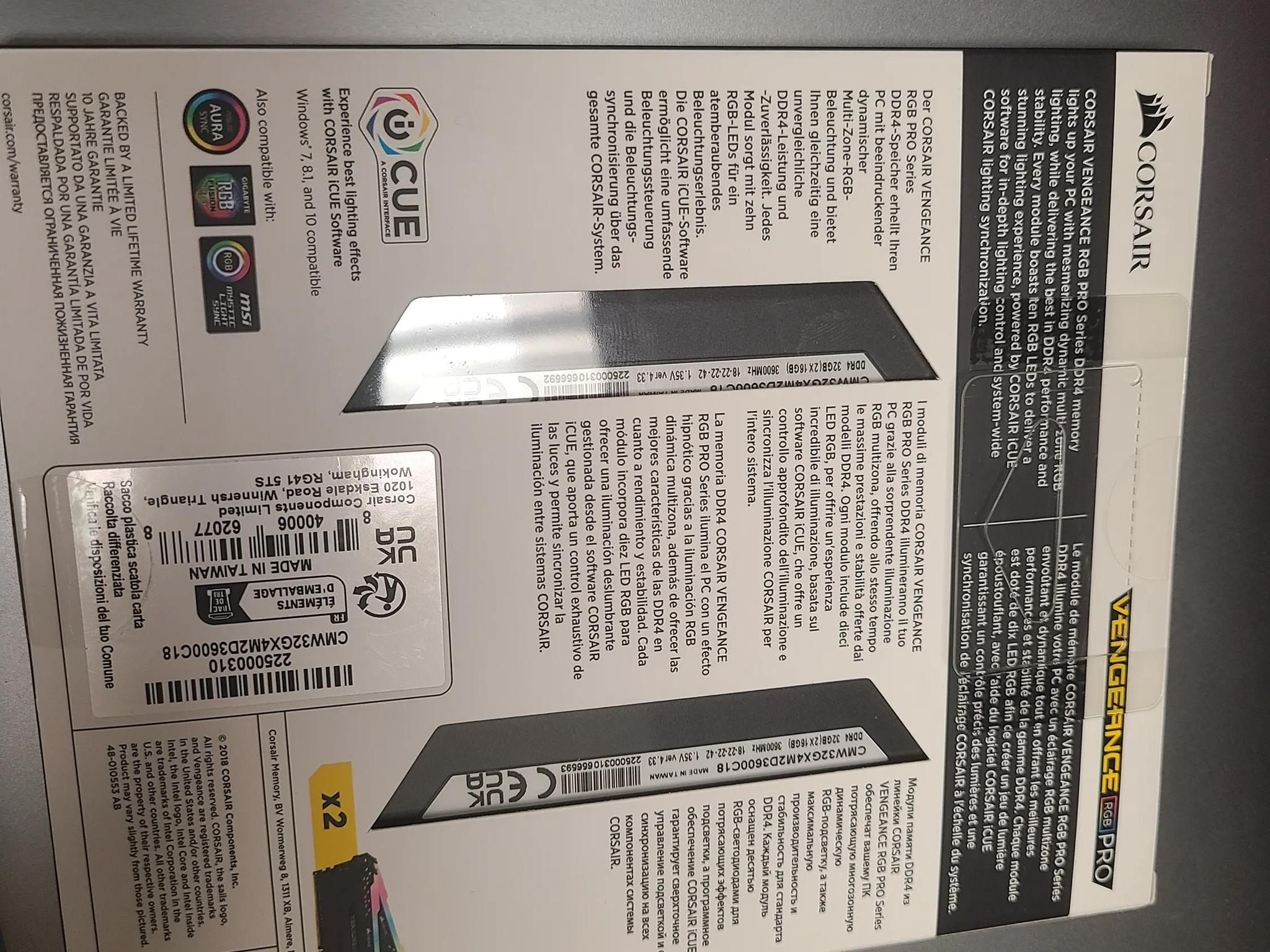 CORSAIR Vengeance RGB Pro 32GB (2 x 16GB) 288-Pin PC RAM DDR4 3600 (PC4 28800) Desktop Memory Model