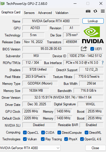4080 - MSI VENTUS 3X GeForce RTX 16GB
