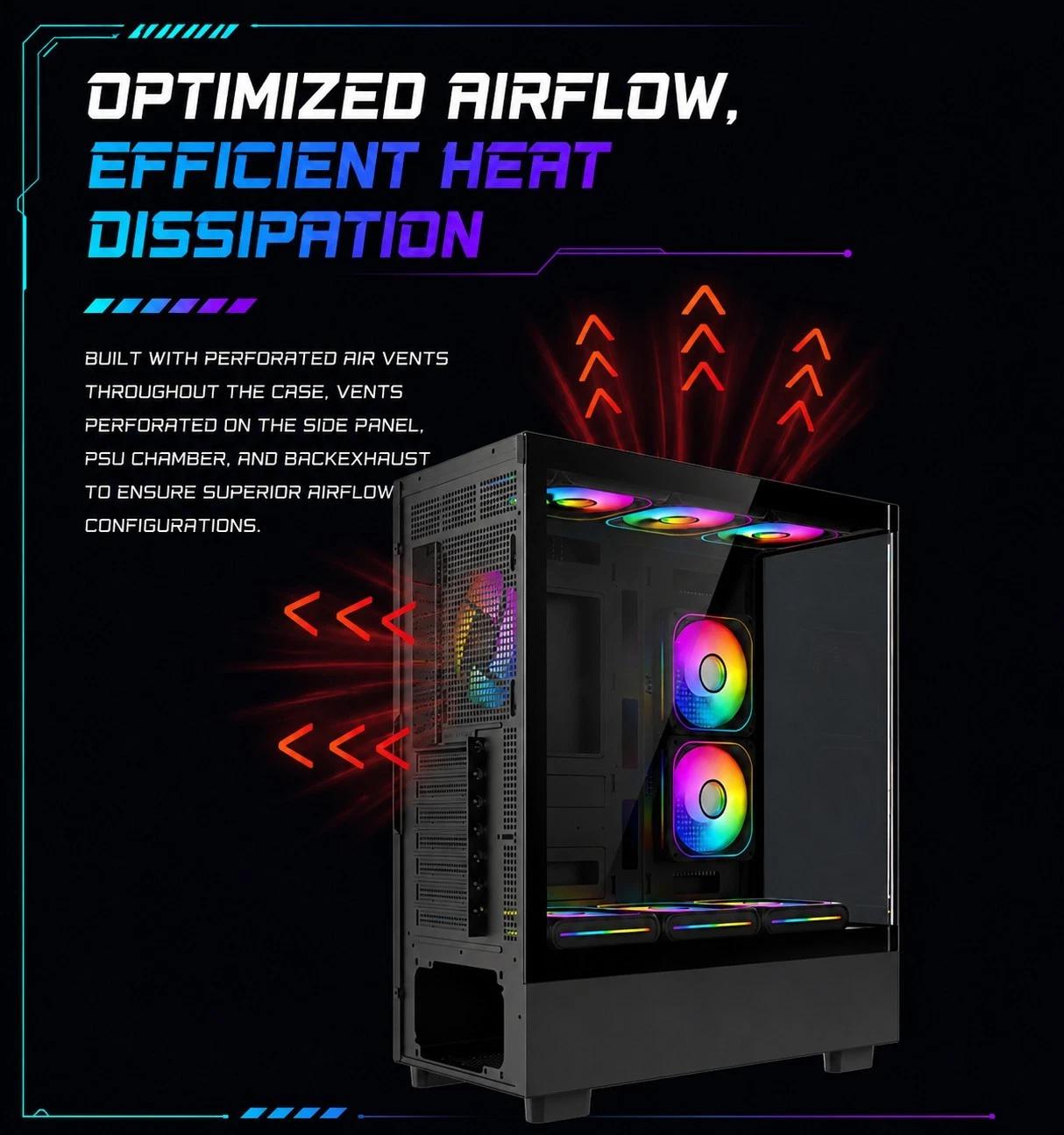 Black ARGB ATX Gaming PC Case Curved Tempered Glass w/ 5 Pre-Installed Fans