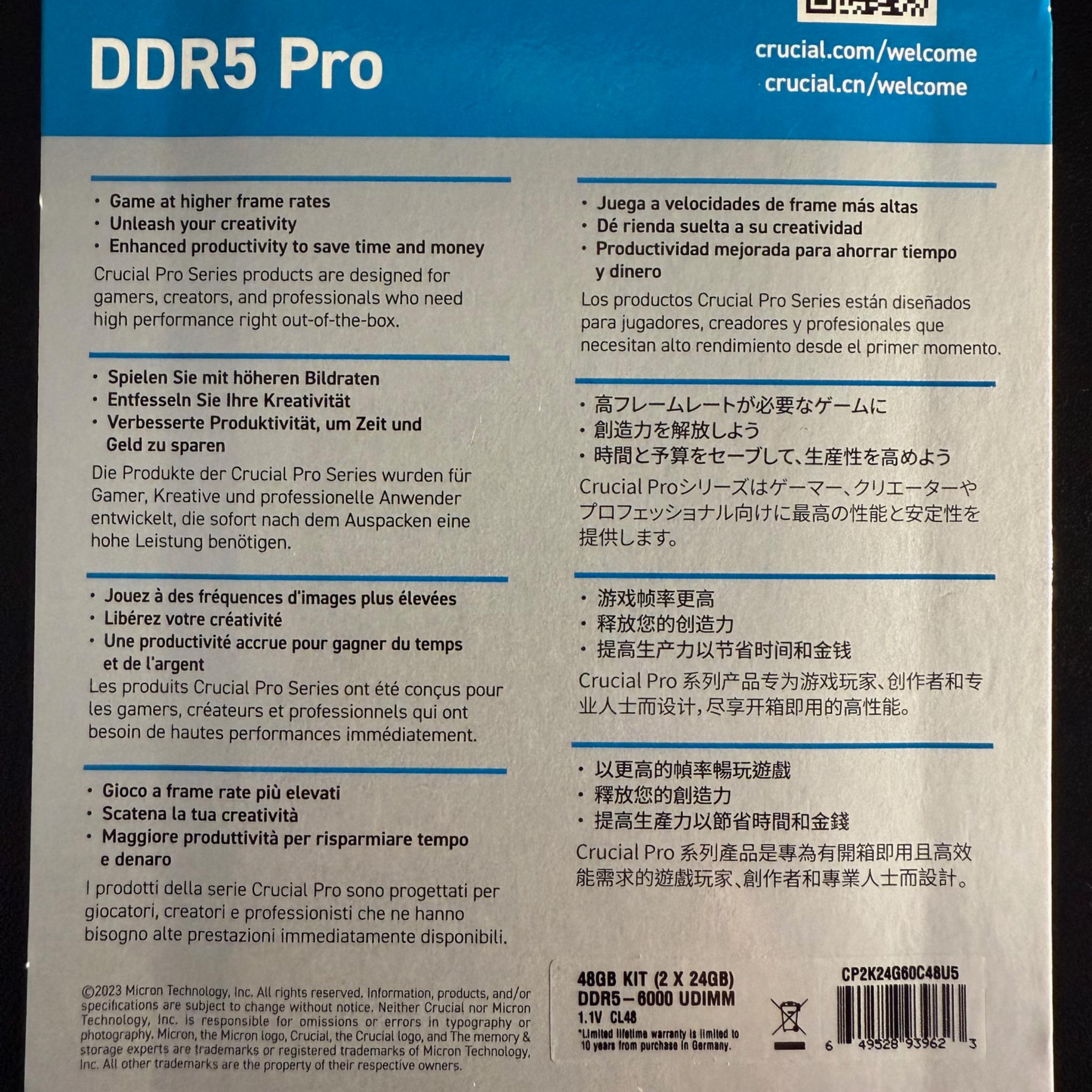 Crucial Pro DDR5 6000MT/s 48GB Kit (2 x 24GB)