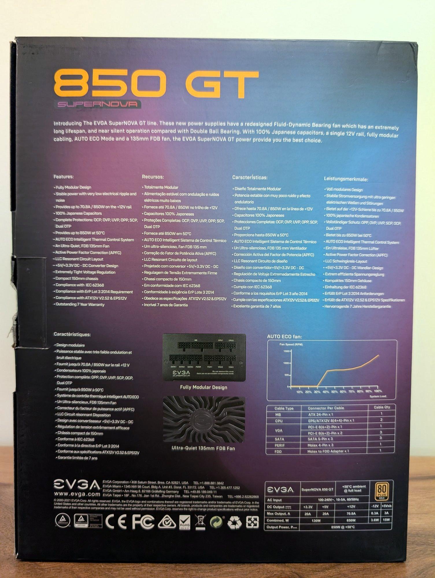 EVGA SuperNOVA 850 GT 850W 80+ Gold PSU + CableMod Sleeved Kit (Excellent Condition)