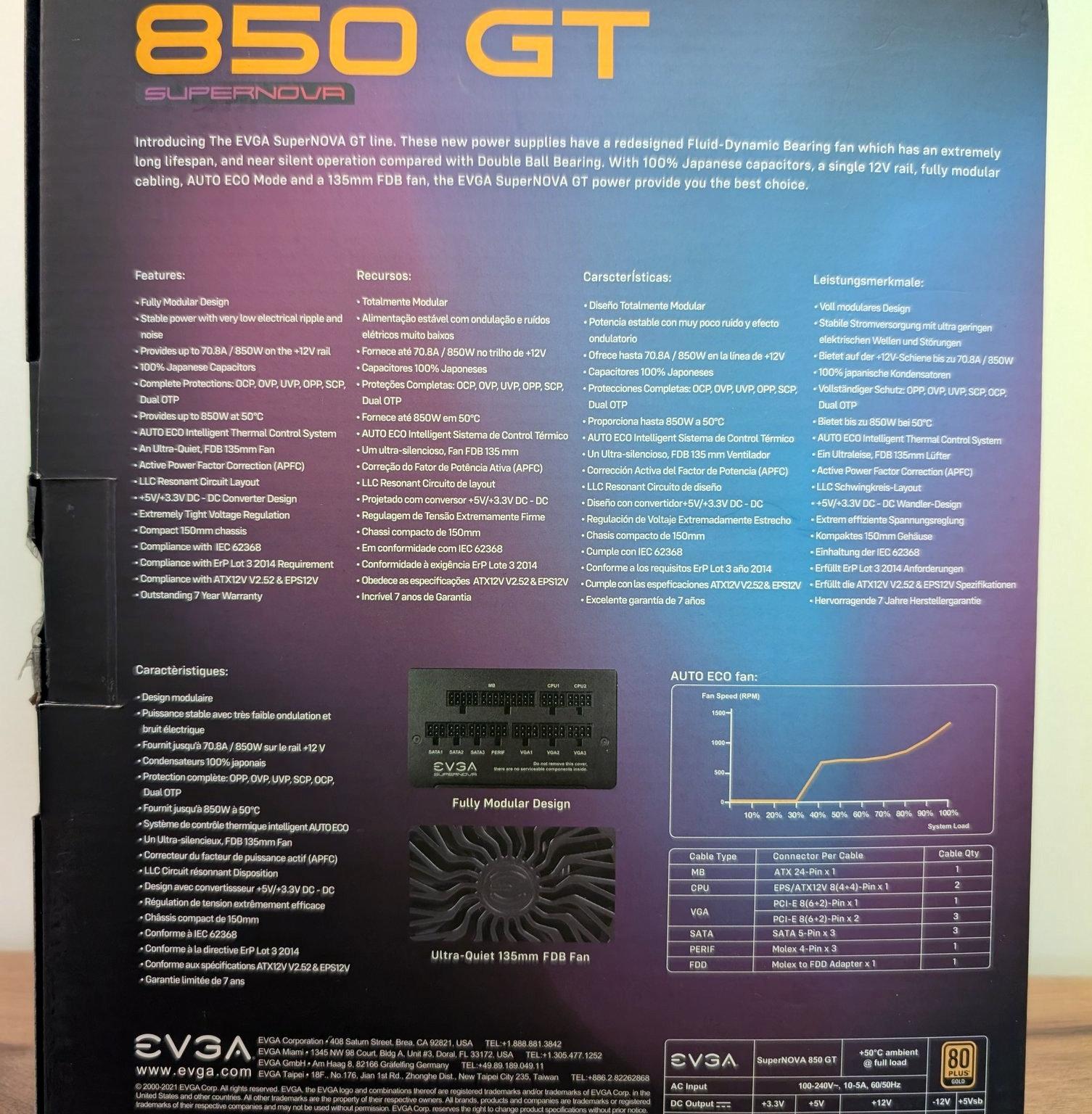EVGA SuperNOVA 850 GT 850W 80+ Gold PSU + CableMod Sleeved Kit (Excellent Condition)