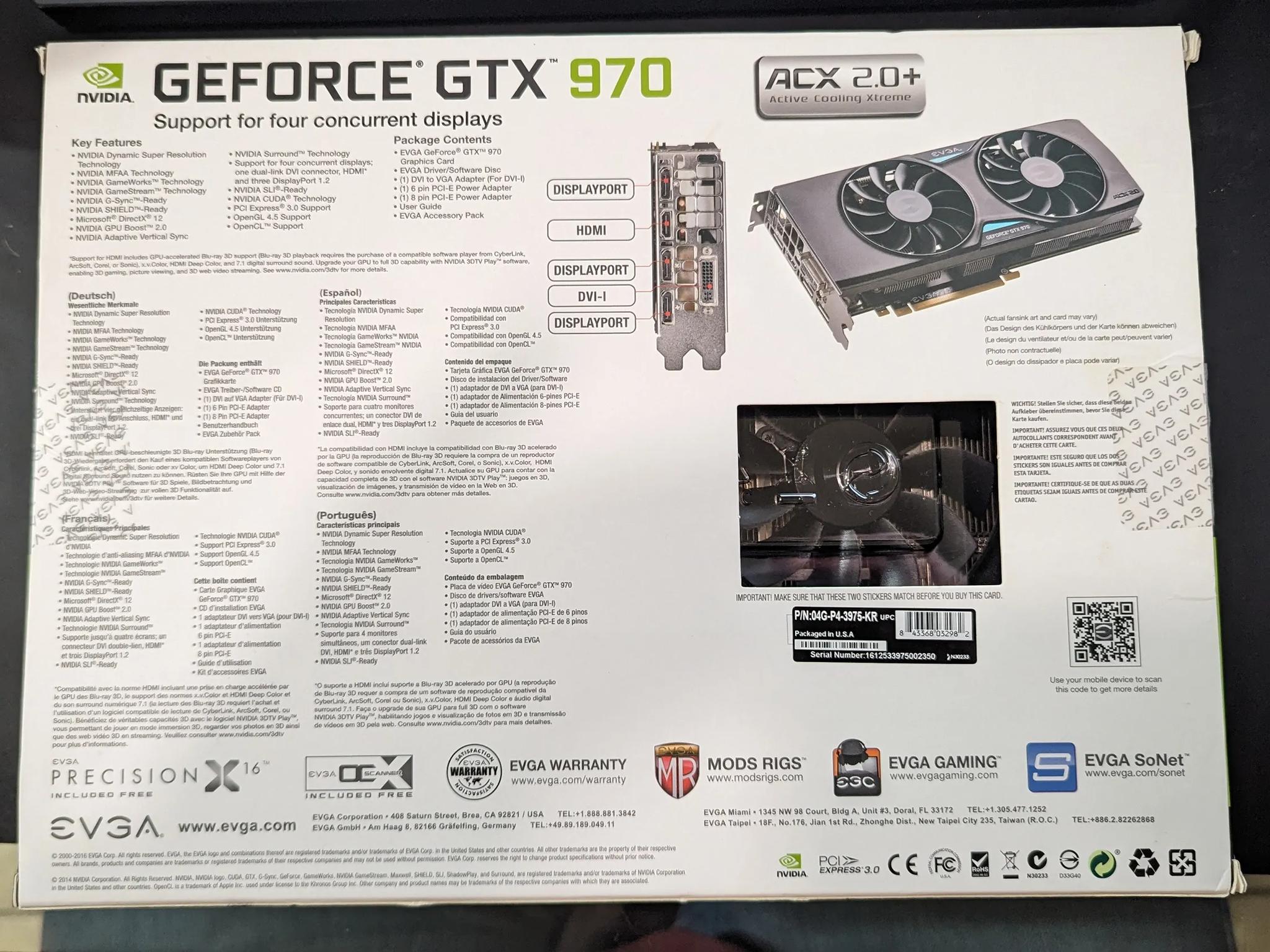 EVGA GeForce GTX 970 4GB SSC Gaming ACX 2.0+ Cooling Graphics Card (04G-P4-3975-KR)