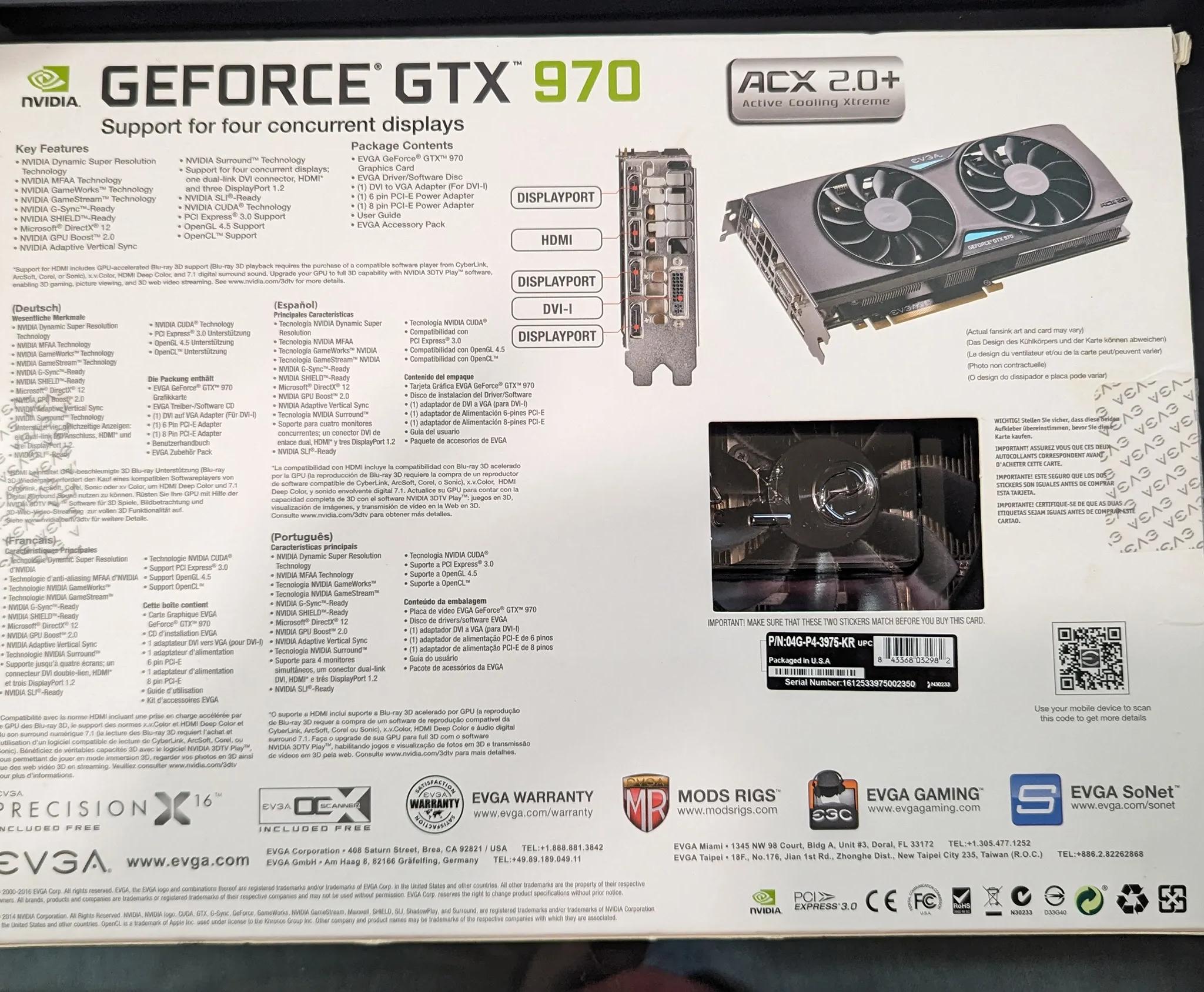 EVGA GeForce GTX 970 4GB SSC Gaming ACX 2.0+ Cooling Graphics Card (04G-P4-3975-KR)